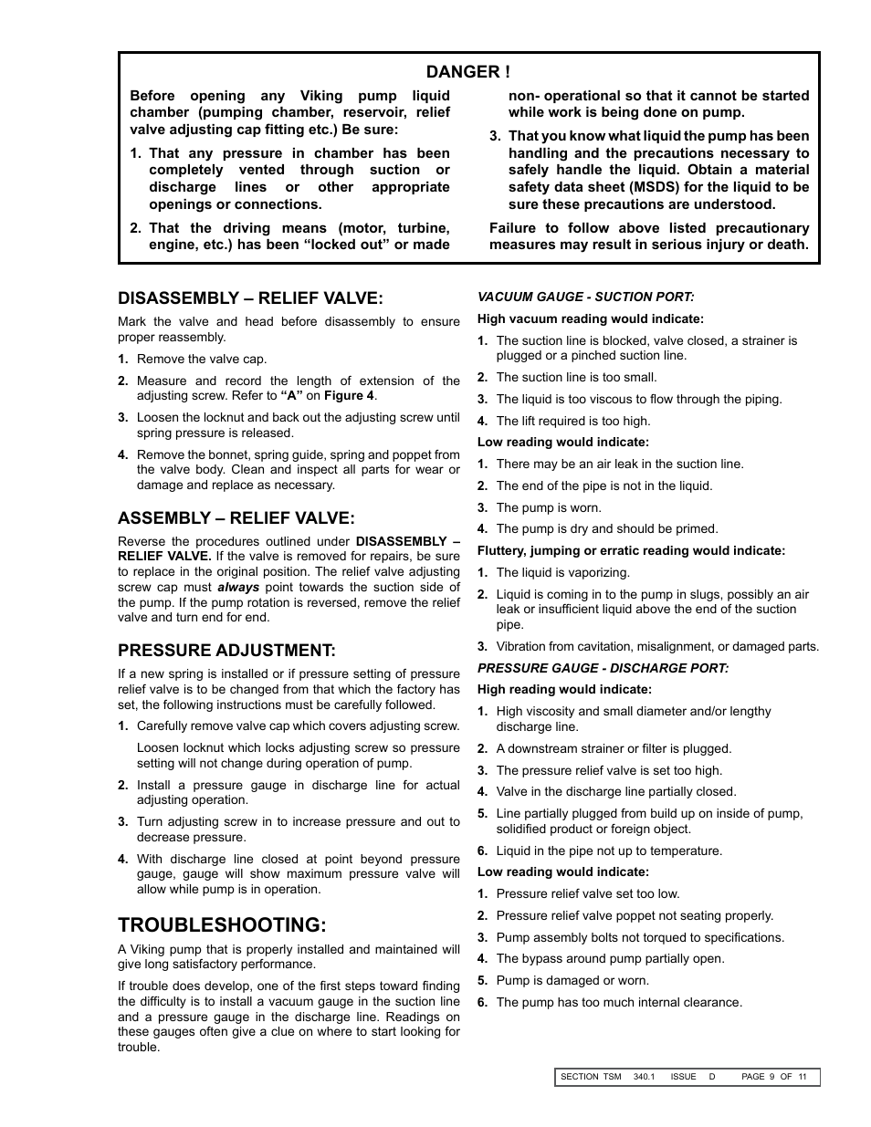 Troubleshooting, Danger, Disassembly – relief valve | Assembly – relief valve, Pressure adjustment | Viking Pump TSM340.1: SG-10, SG-14 User Manual | Page 9 / 11