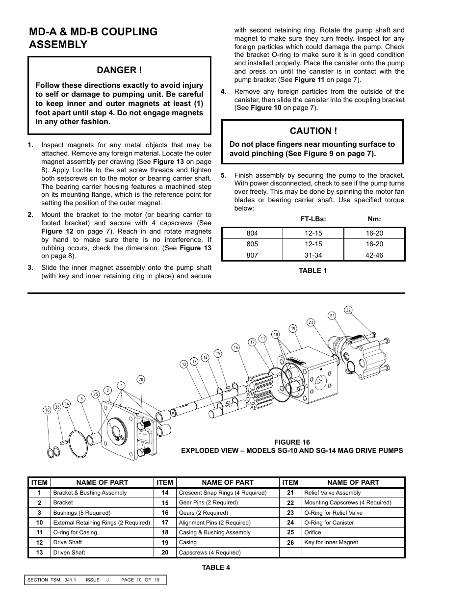 Md-a & md-b coupling assembly, Danger, Caution | Viking Pump TSM341.1: SG Mag Drive Series User Manual | Page 10 / 19