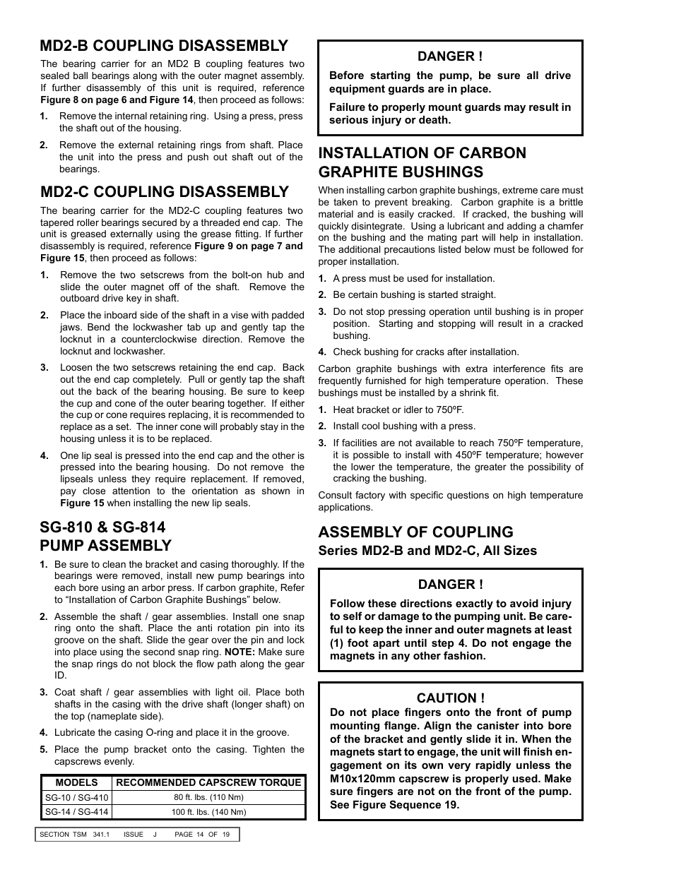 Md2-c coupling disassembly, Assembly of coupling, Md2-b coupling disassembly | Installation of carbon graphite bushings, Danger, Series md2-b and md2-c, all sizes danger, Caution | Viking Pump TSM341.1: SG Mag Drive Series User Manual | Page 14 / 19