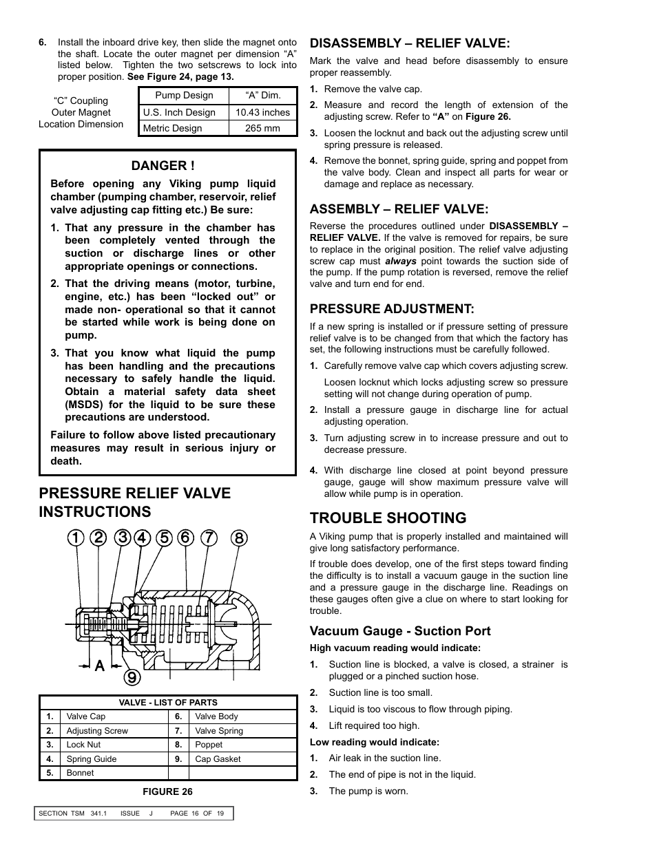 Pressure relief valve instructions, Trouble shooting, Danger | Disassembly – relief valve, Assembly – relief valve, Pressure adjustment, Vacuum gauge - suction port | Viking Pump TSM341.1: SG Mag Drive Series User Manual | Page 16 / 19