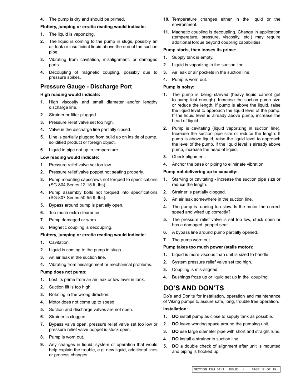 Do’s and don’ts, Pressure gauge - discharge port | Viking Pump TSM341.1: SG Mag Drive Series User Manual | Page 17 / 19