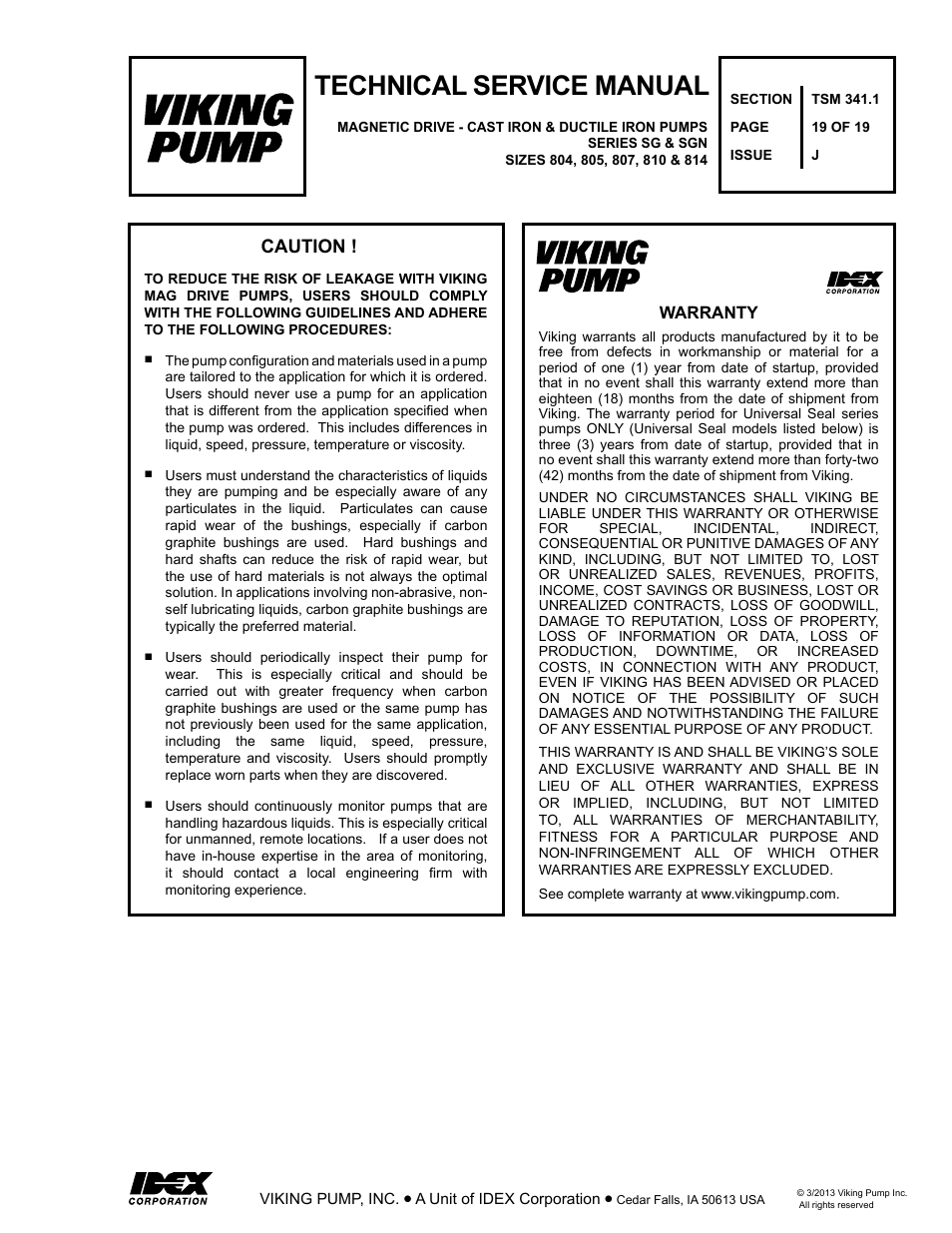 Technical service manual, Caution | Viking Pump TSM341.1: SG Mag Drive Series User Manual | Page 19 / 19