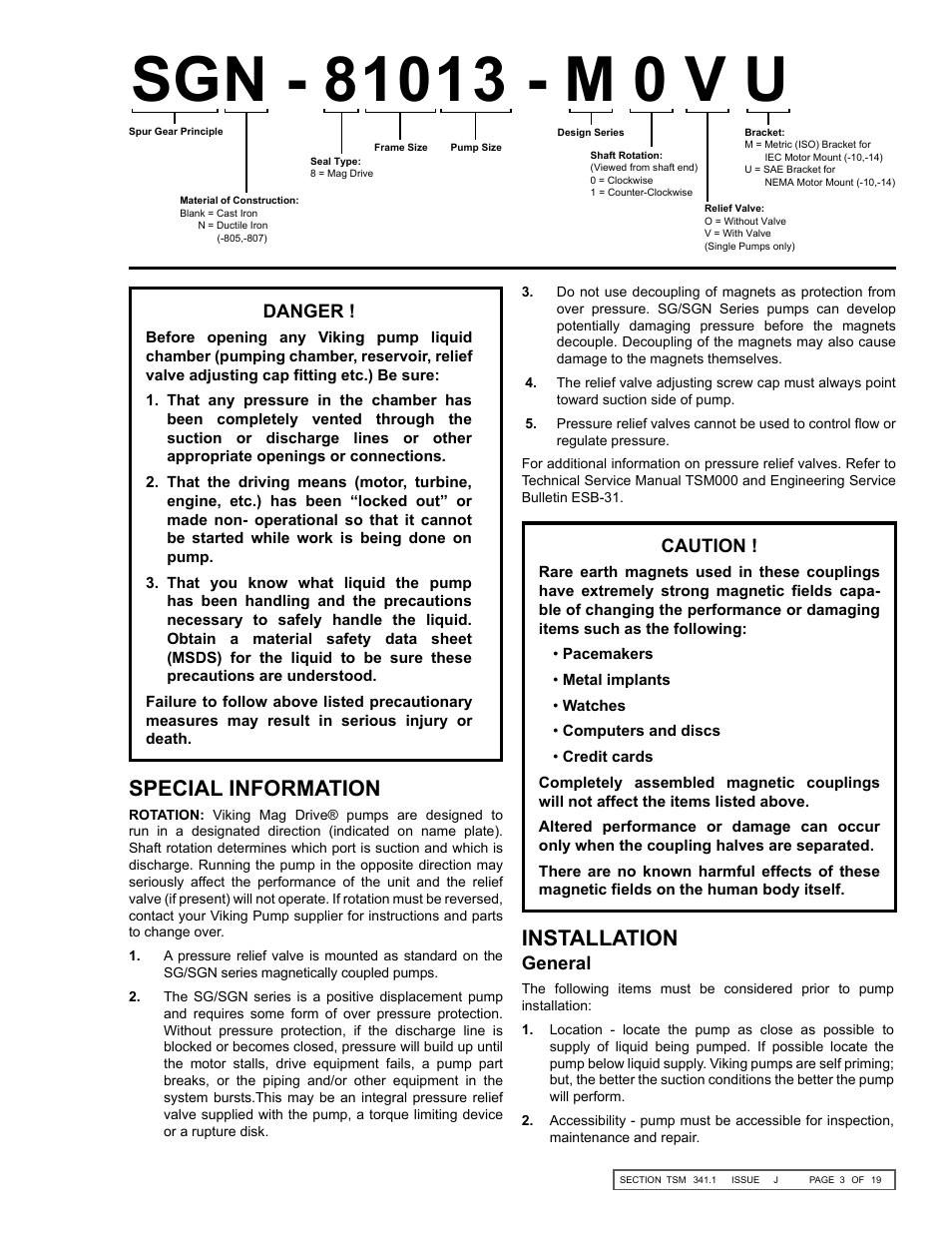 Installation, Special information, Caution | General, Danger | Viking Pump TSM341.1: SG Mag Drive Series User Manual | Page 3 / 19