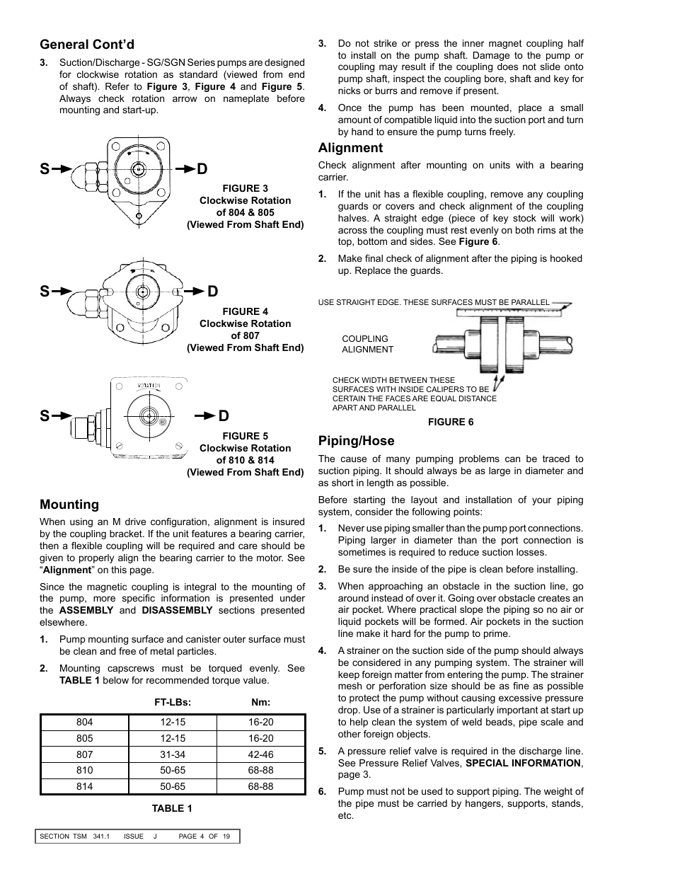 Mounting, Piping/hose, General cont’d | Alignment | Viking Pump TSM341.1: SG Mag Drive Series User Manual | Page 4 / 19