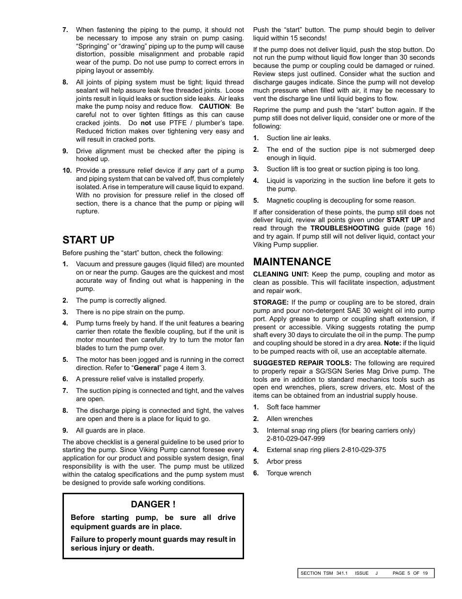 Start up, Maintenance, Danger | Viking Pump TSM341.1: SG Mag Drive Series User Manual | Page 5 / 19