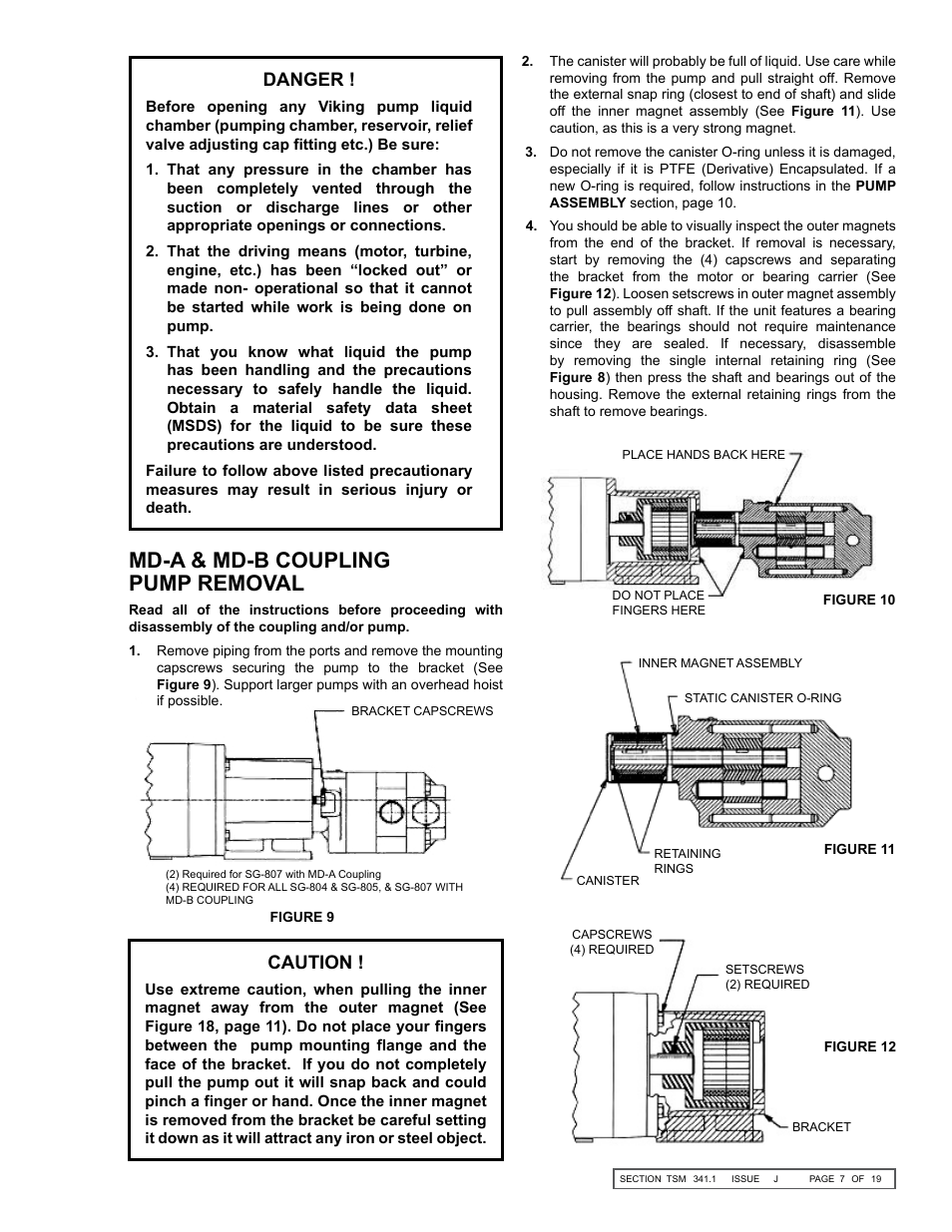 Md-a & md-b coupling pump removal, Caution, Danger | Viking Pump TSM341.1: SG Mag Drive Series User Manual | Page 7 / 19