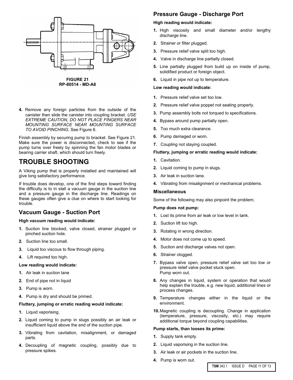 Trouble shooting, Vacuum gauge - suction port, Pressure gauge - discharge port | Viking Pump TSM343.1: Vi-Corr Mag Drive User Manual | Page 11 / 13