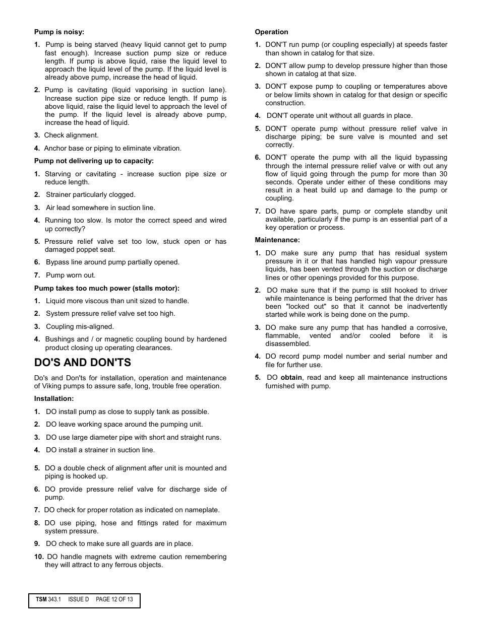 Do's and don'ts | Viking Pump TSM343.1: Vi-Corr Mag Drive User Manual | Page 12 / 13