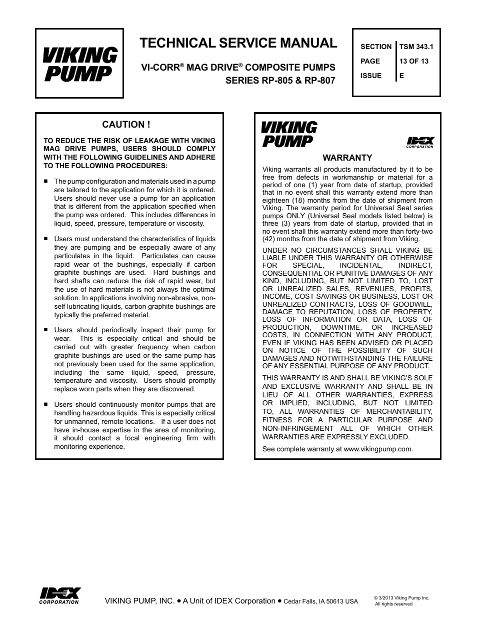 Technical service manual, Caution, Vi-corr | Mag drive | Viking Pump TSM343.1: Vi-Corr Mag Drive User Manual | Page 13 / 13