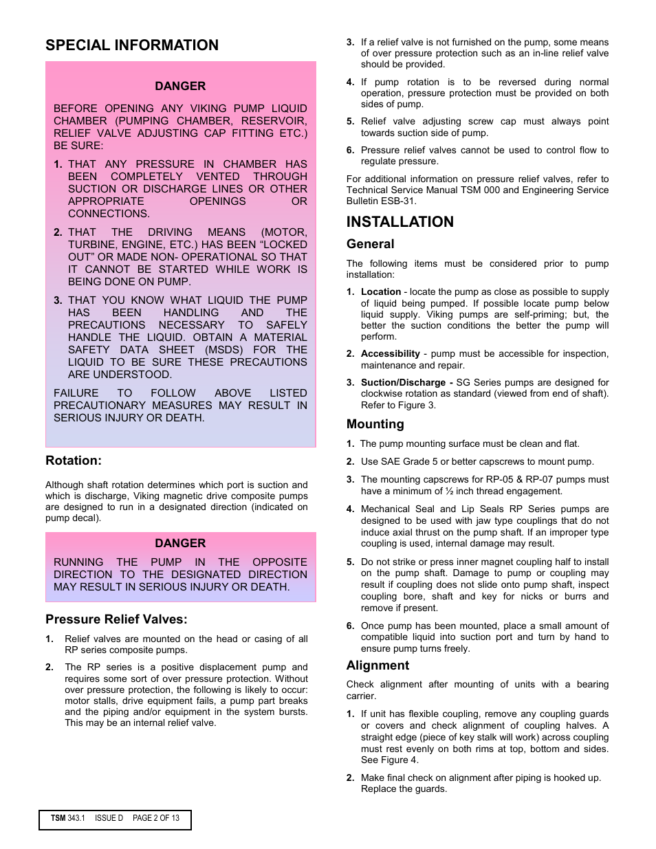 Special information, Installation | Viking Pump TSM343.1: Vi-Corr Mag Drive User Manual | Page 2 / 13