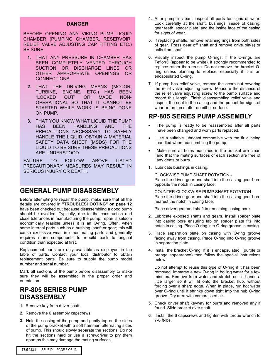 General pump disassembly, Rp-805 series pump disassembly, Rp-805 series pump assembly | Viking Pump TSM343.1: Vi-Corr Mag Drive User Manual | Page 8 / 13