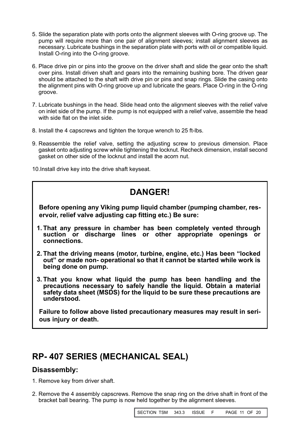 Danger, Rp- 407 series (mechanical seal), Disassembly | Viking Pump TSM343.3: Vi-Corr Pumps User Manual | Page 11 / 20