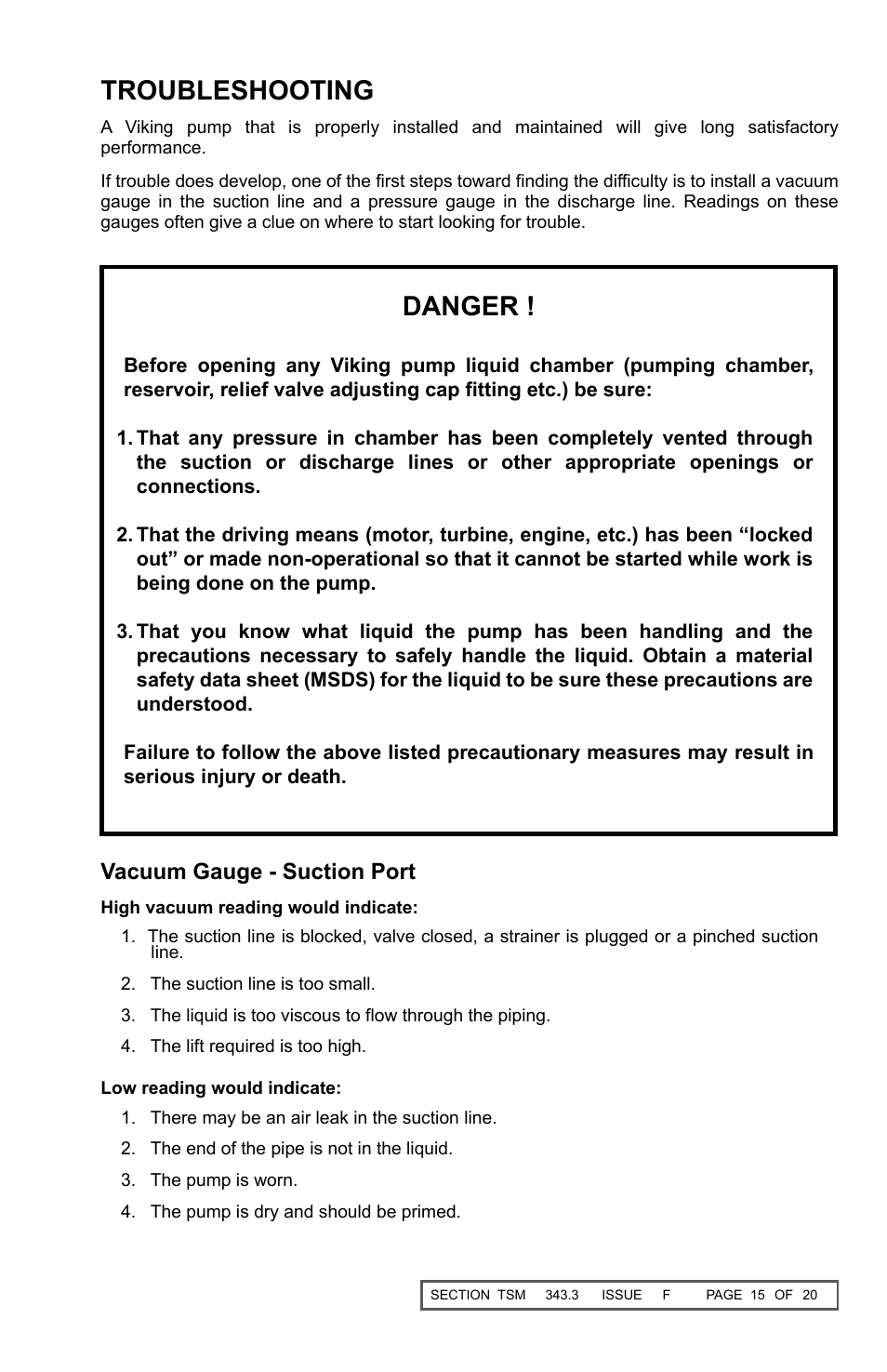 Troubleshooting, Danger, Vacuum gauge - suction port | Viking Pump TSM343.3: Vi-Corr Pumps User Manual | Page 15 / 20