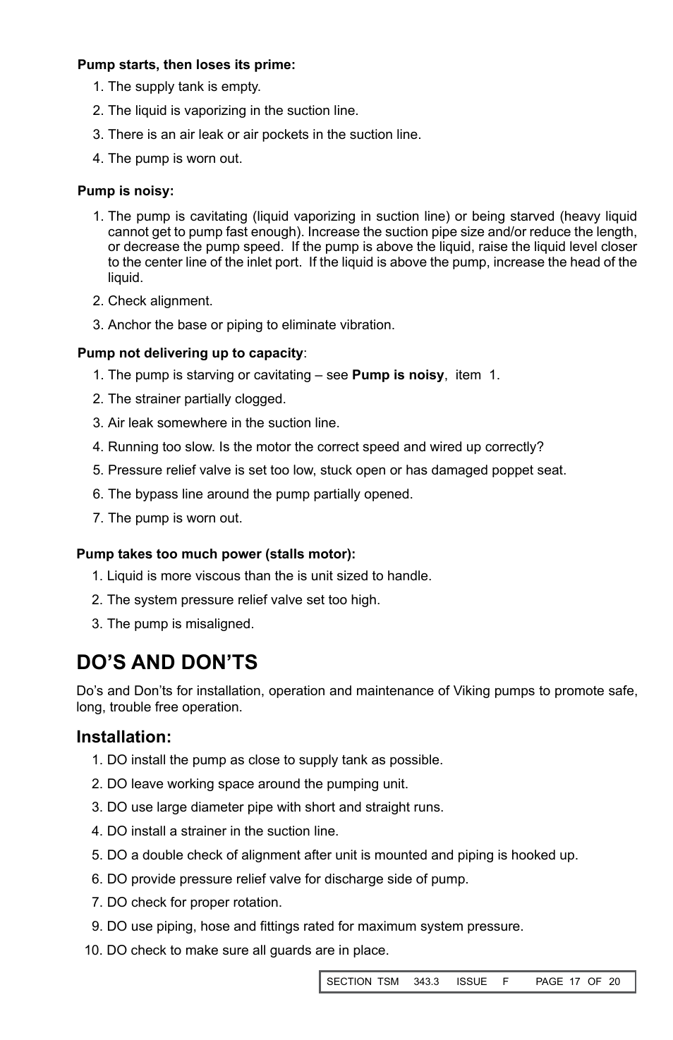 Do’s and don’ts, Installation | Viking Pump TSM343.3: Vi-Corr Pumps User Manual | Page 17 / 20