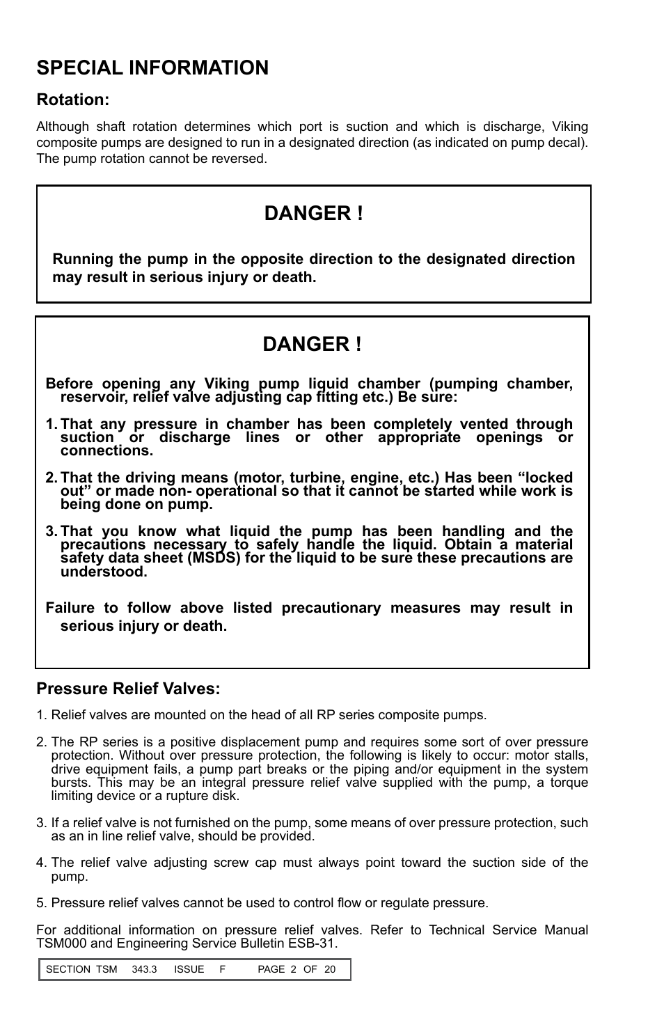 Special information, Danger, Rotation | Pressure relief valves | Viking Pump TSM343.3: Vi-Corr Pumps User Manual | Page 2 / 20