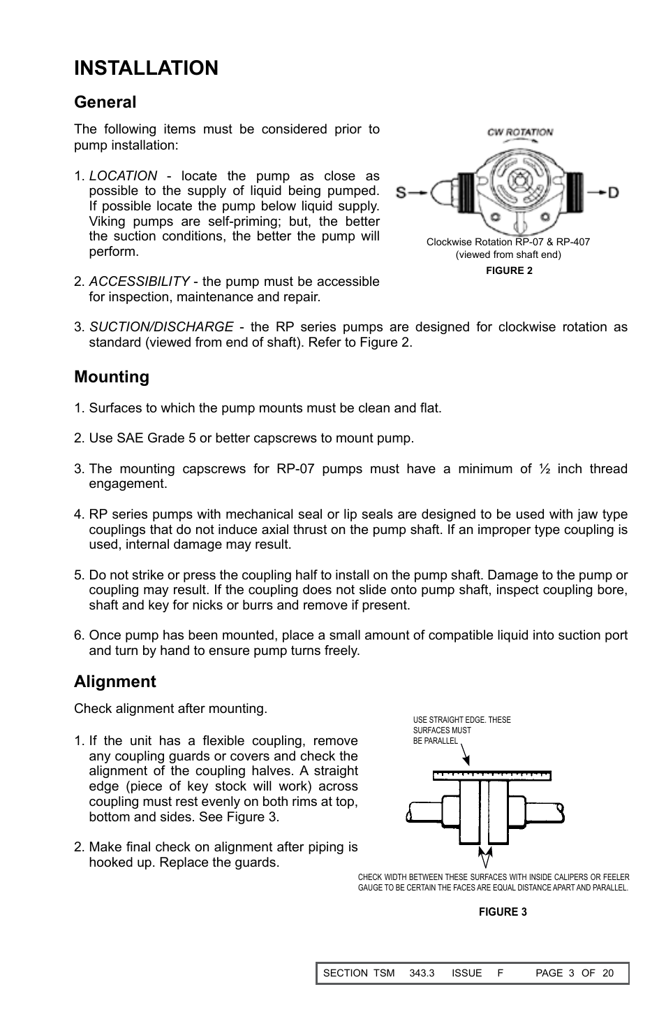 Installation, General, Mounting | Alignment | Viking Pump TSM343.3: Vi-Corr Pumps User Manual | Page 3 / 20