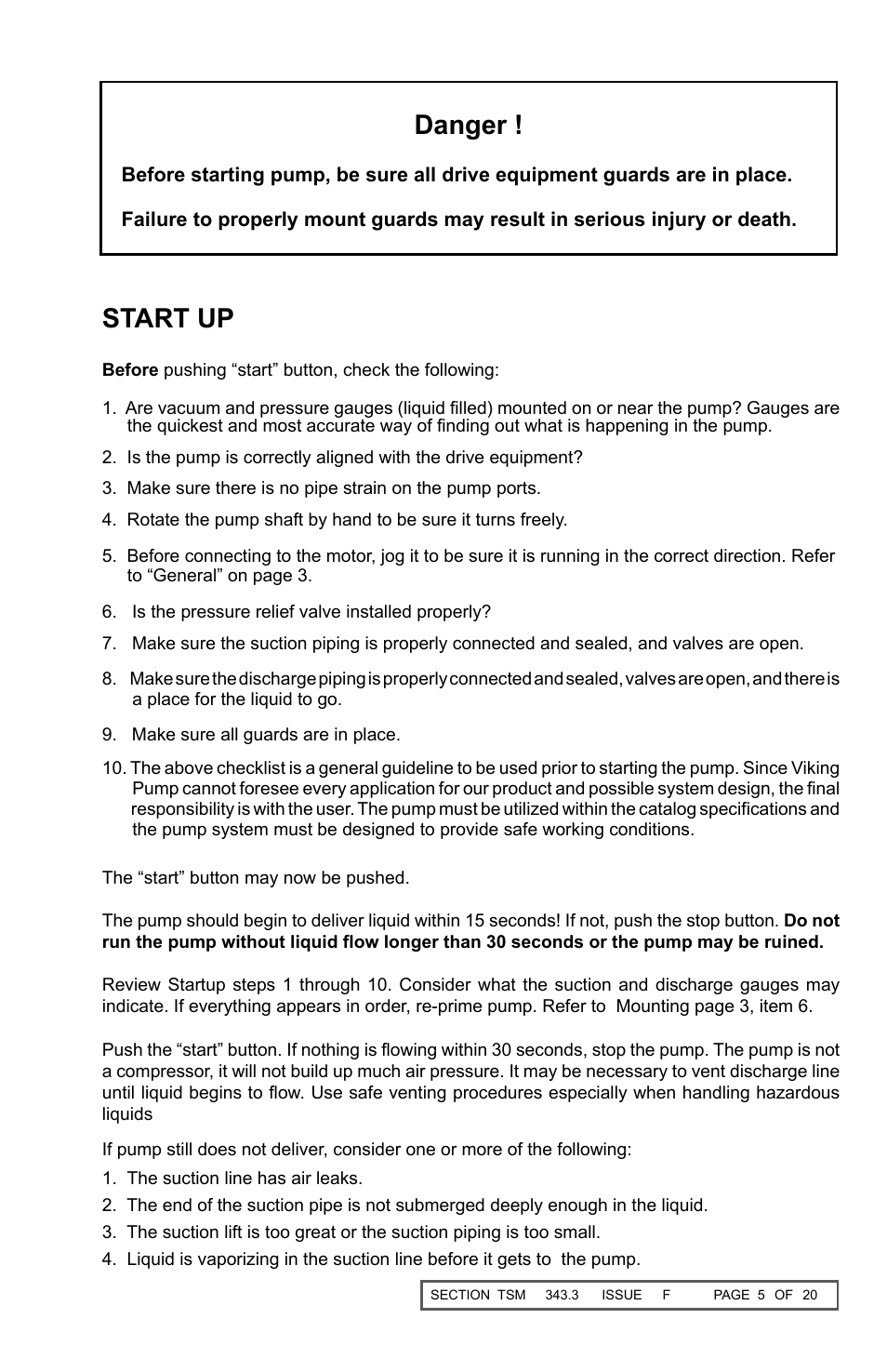 Start up, Danger | Viking Pump TSM343.3: Vi-Corr Pumps User Manual | Page 5 / 20