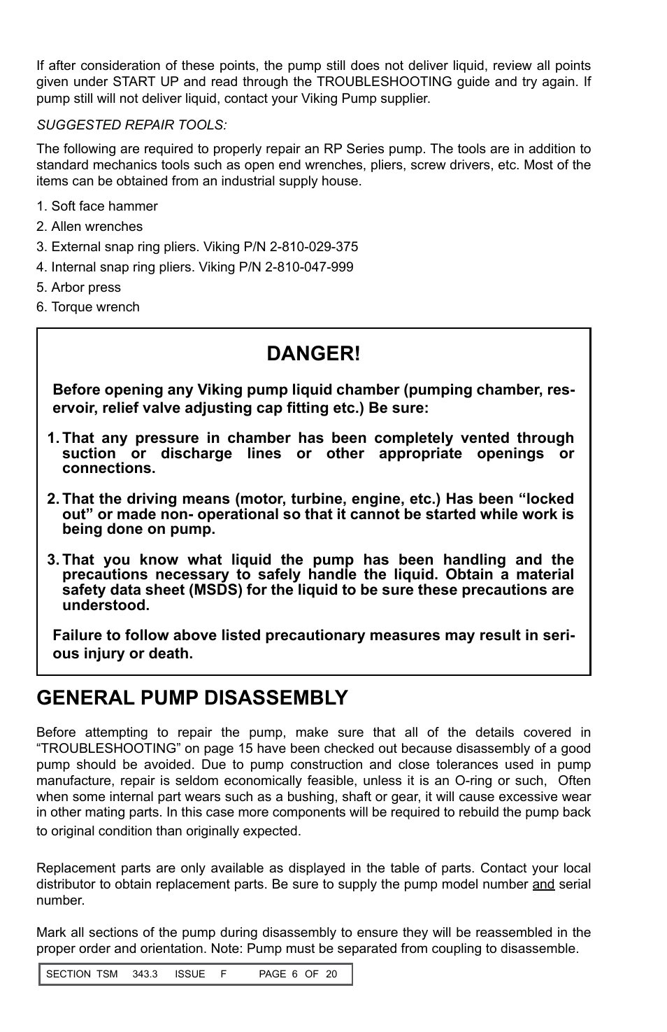 General pump disassembly, Danger | Viking Pump TSM343.3: Vi-Corr Pumps User Manual | Page 6 / 20