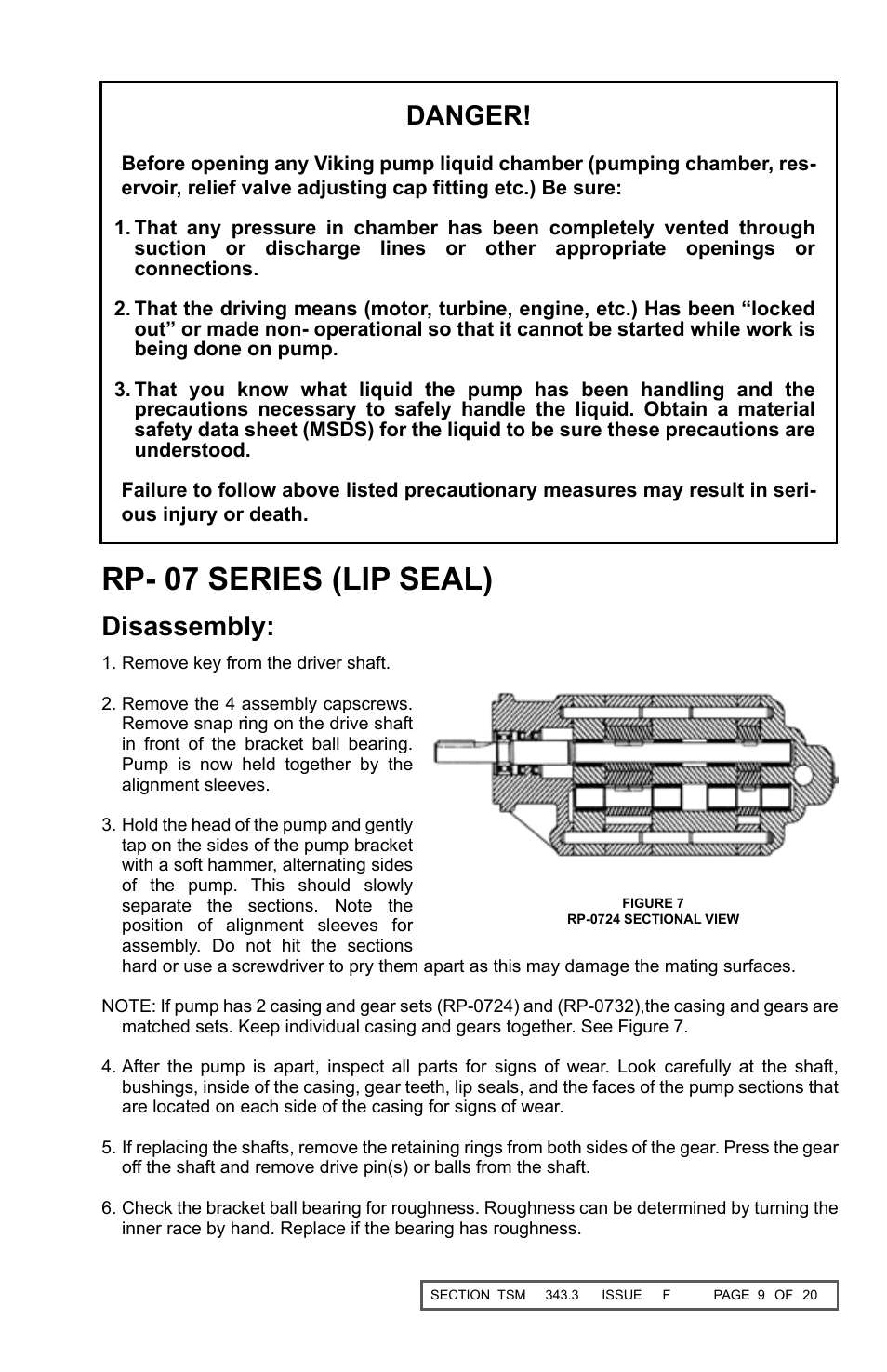 Rp- 07 series (lip seal), Danger, Disassembly | Viking Pump TSM343.3: Vi-Corr Pumps User Manual | Page 9 / 20