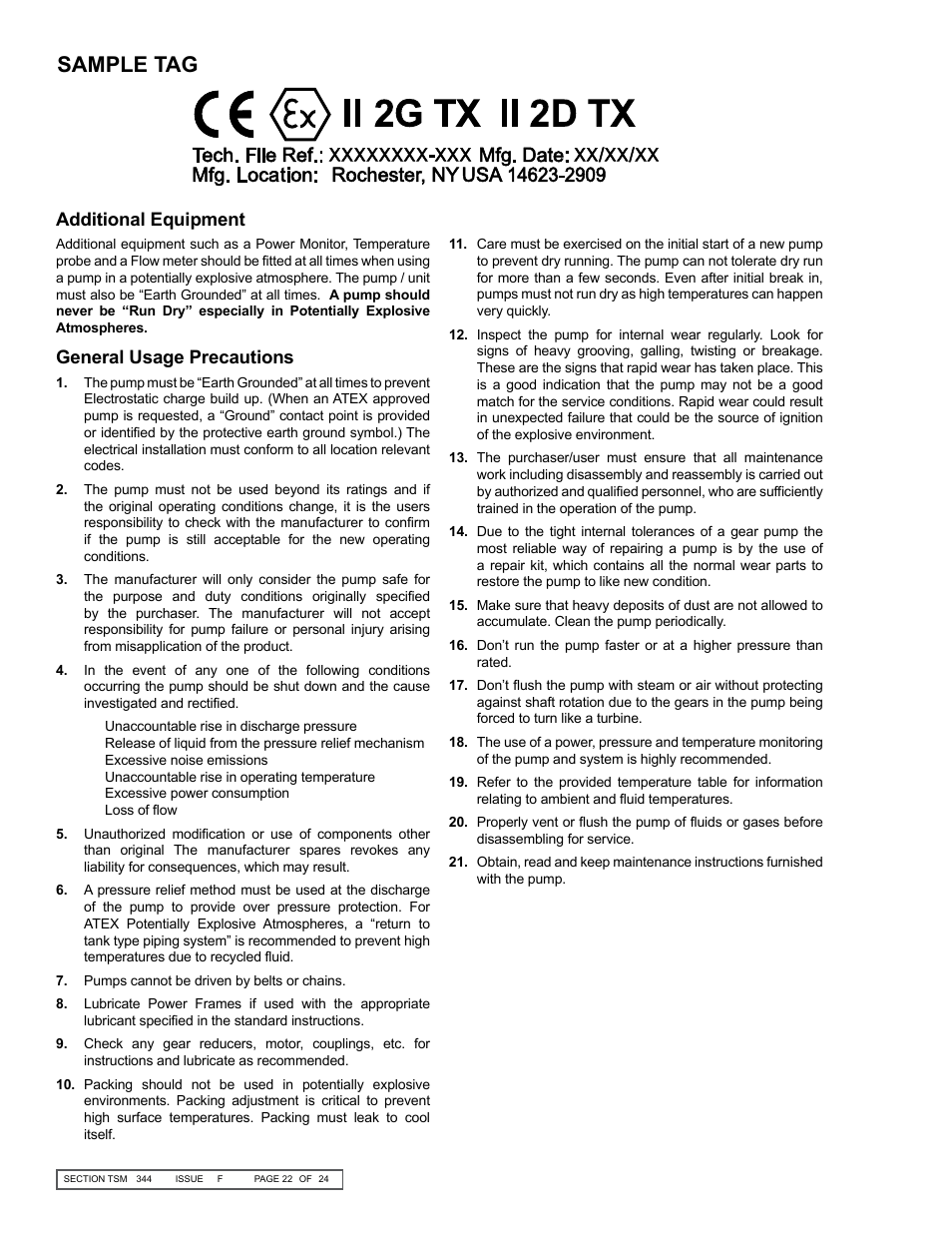 Sample tag, Additional equipment, General usage precautions | Viking Pump TSM344: CMD Mag Drive User Manual | Page 22 / 24