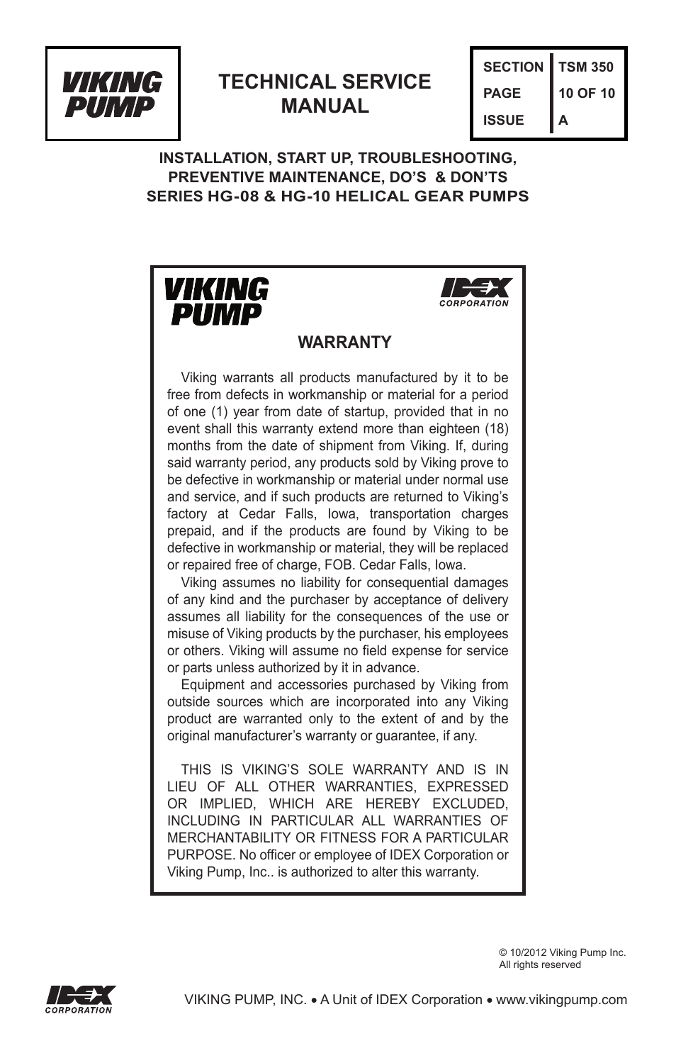 Technical service manual, Warranty | Viking Pump TSM350 HG-08/HG-10 Helical Gear Pumps User Manual | Page 10 / 10