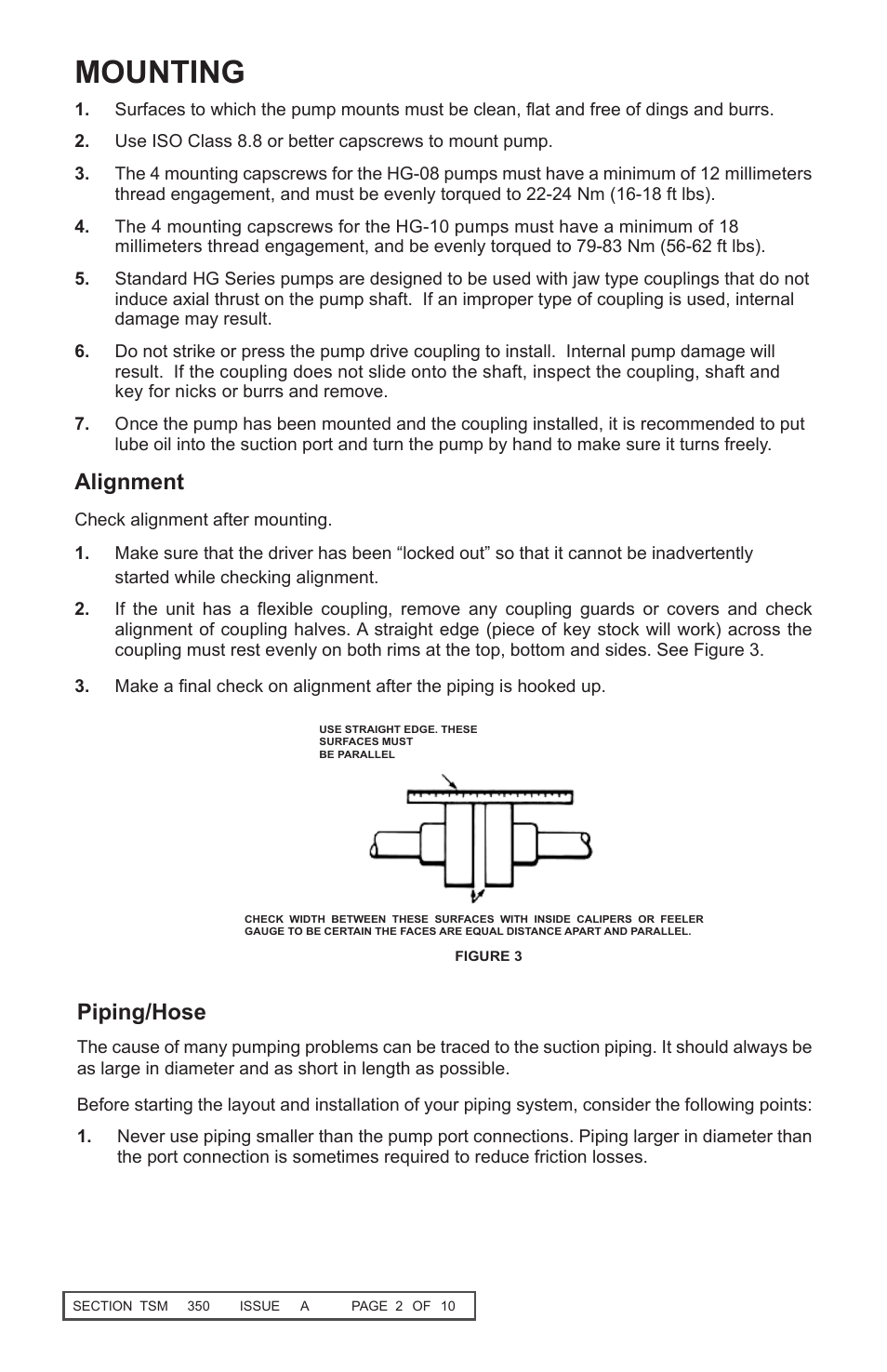 Mounting, Alignment, Piping/hose | Viking Pump TSM350 HG-08/HG-10 Helical Gear Pumps User Manual | Page 2 / 10