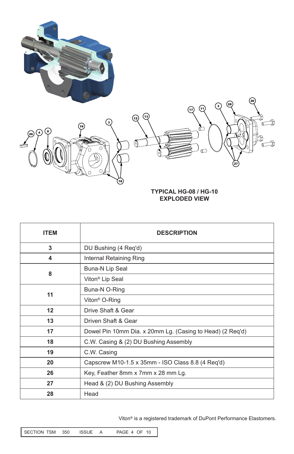 Lip seal 11 buna-n o-ring viton, Typical hg-08 / hg-10 exploded view | Viking Pump TSM350 HG-08/HG-10 Helical Gear Pumps User Manual | Page 4 / 10