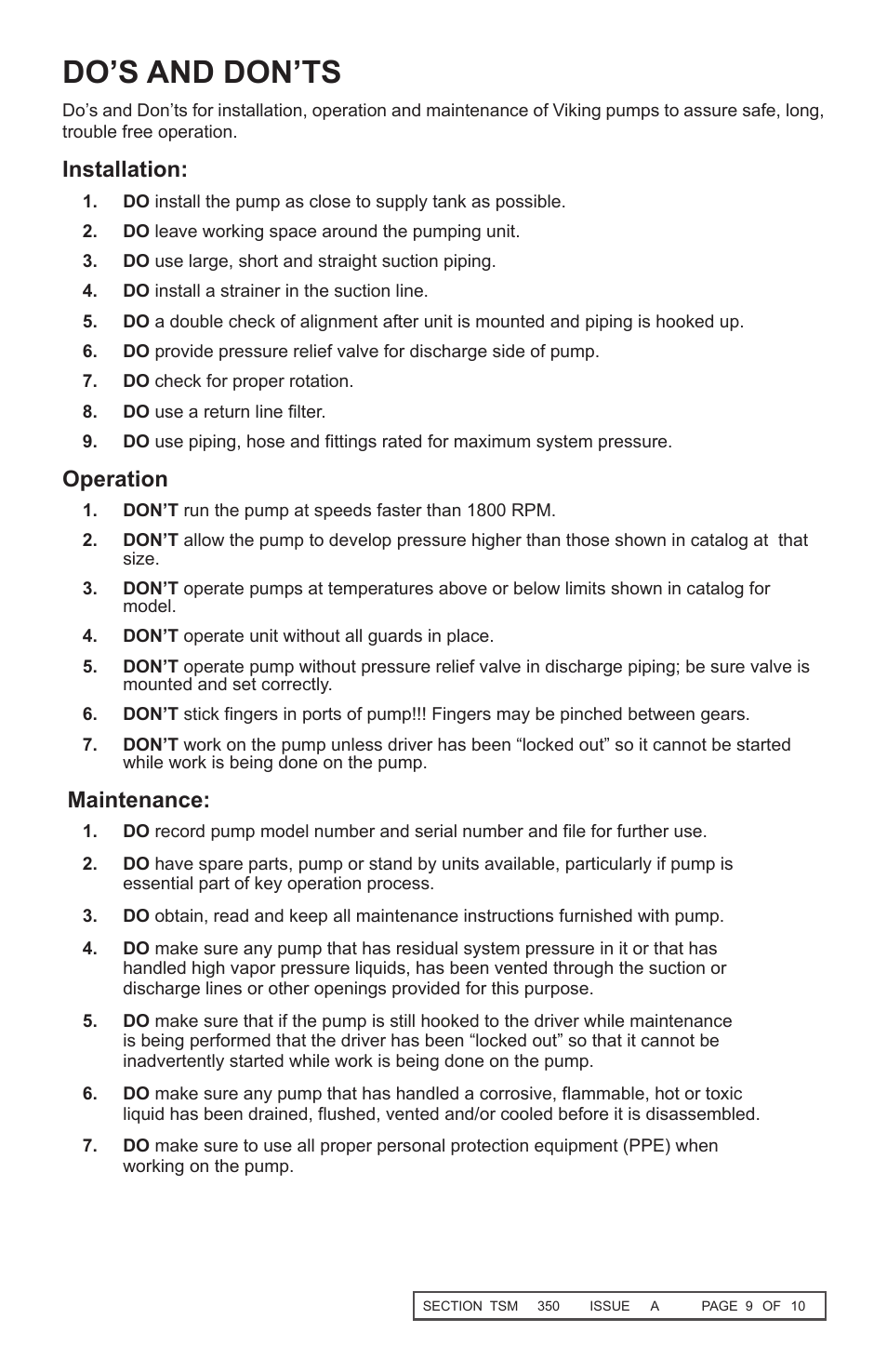 Do’s and don’ts, Installation, Operation | Maintenance | Viking Pump TSM350 HG-08/HG-10 Helical Gear Pumps User Manual | Page 9 / 10