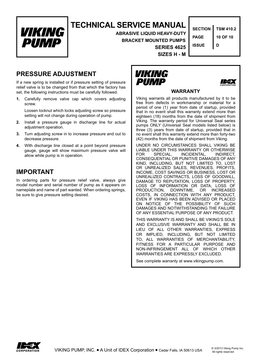 Technical service manual, Pressure adjustment important | Viking Pump TSM410.2: H-M 4625 User Manual | Page 10 / 10