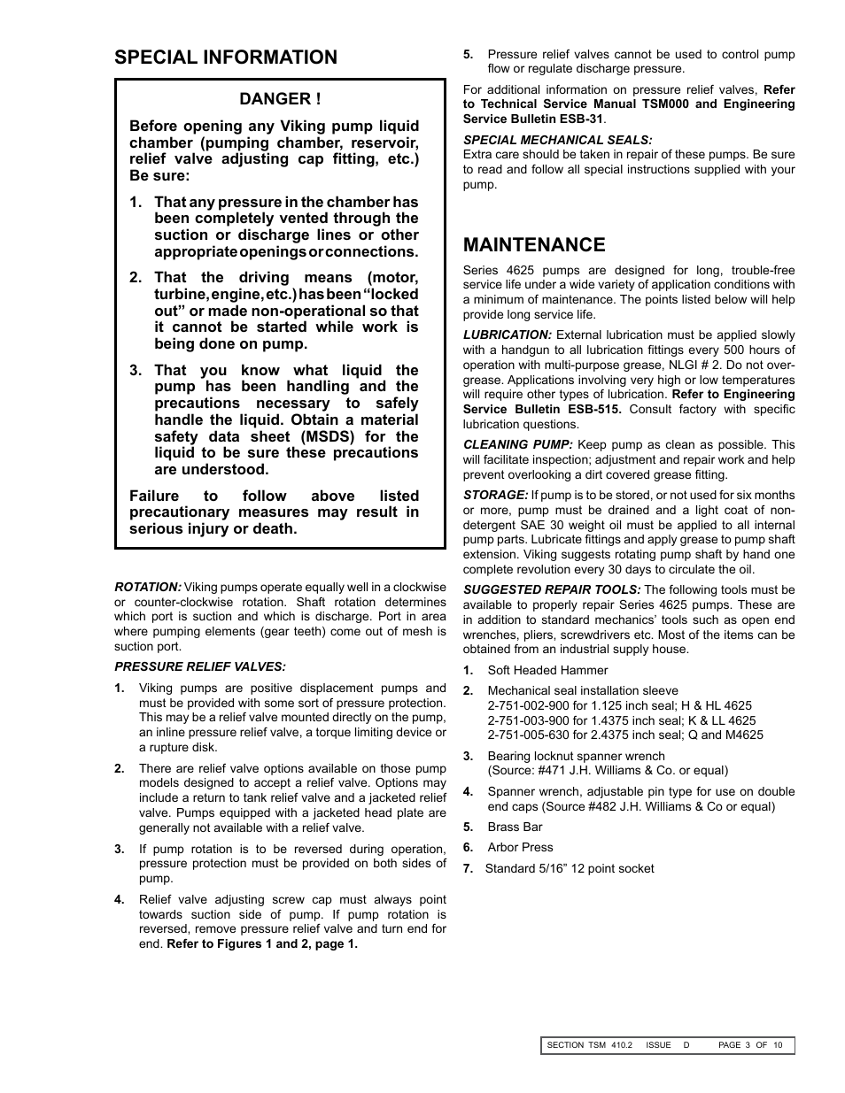 Special information, Maintenance | Viking Pump TSM410.2: H-M 4625 User Manual | Page 3 / 10