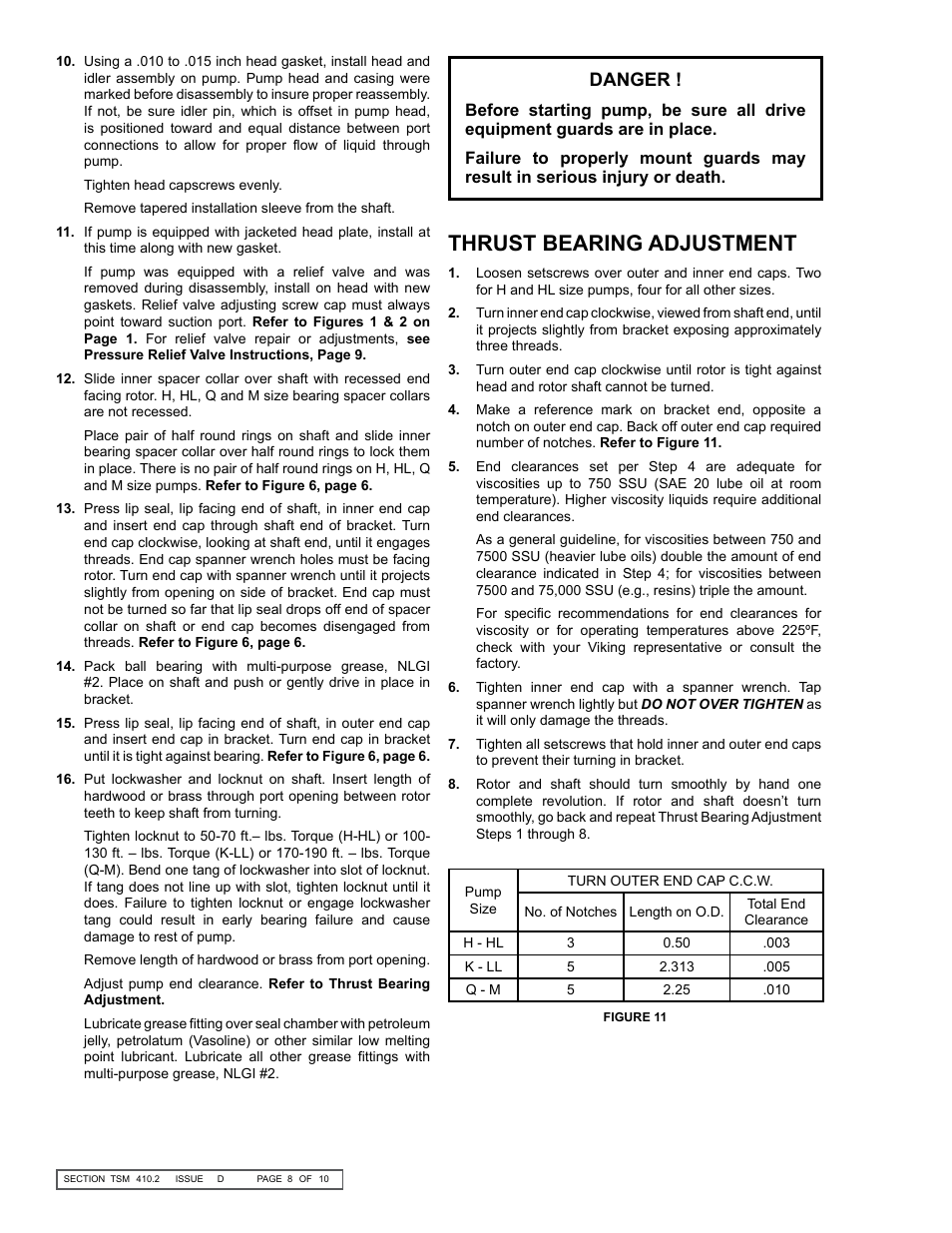 Thrust bearing adjustment, Danger | Viking Pump TSM410.2: H-M 4625 User Manual | Page 8 / 10