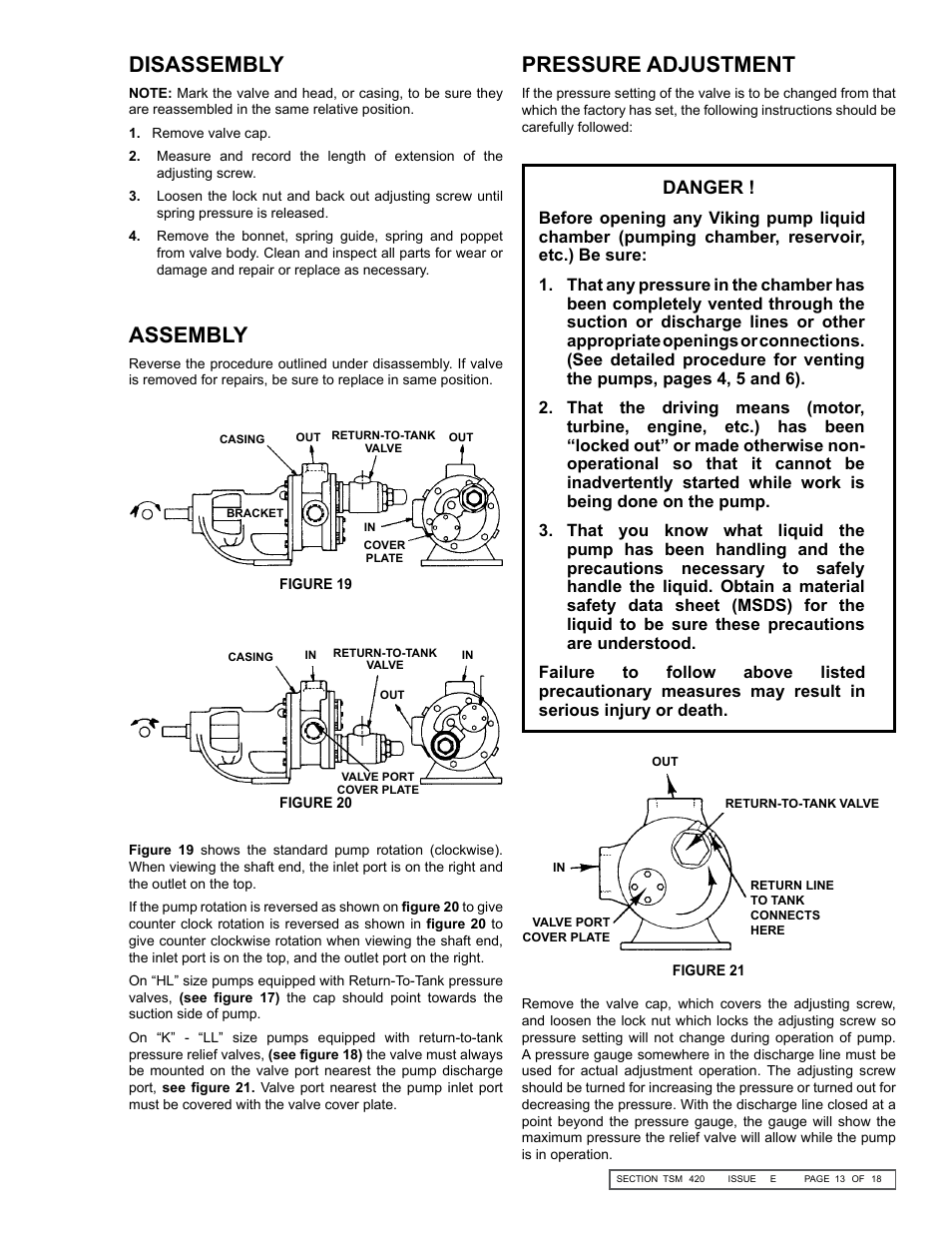 Pressure adjustment, Disassembly assembly, Danger | Viking Pump TSM420: HL-LL 4925 User Manual | Page 13 / 18