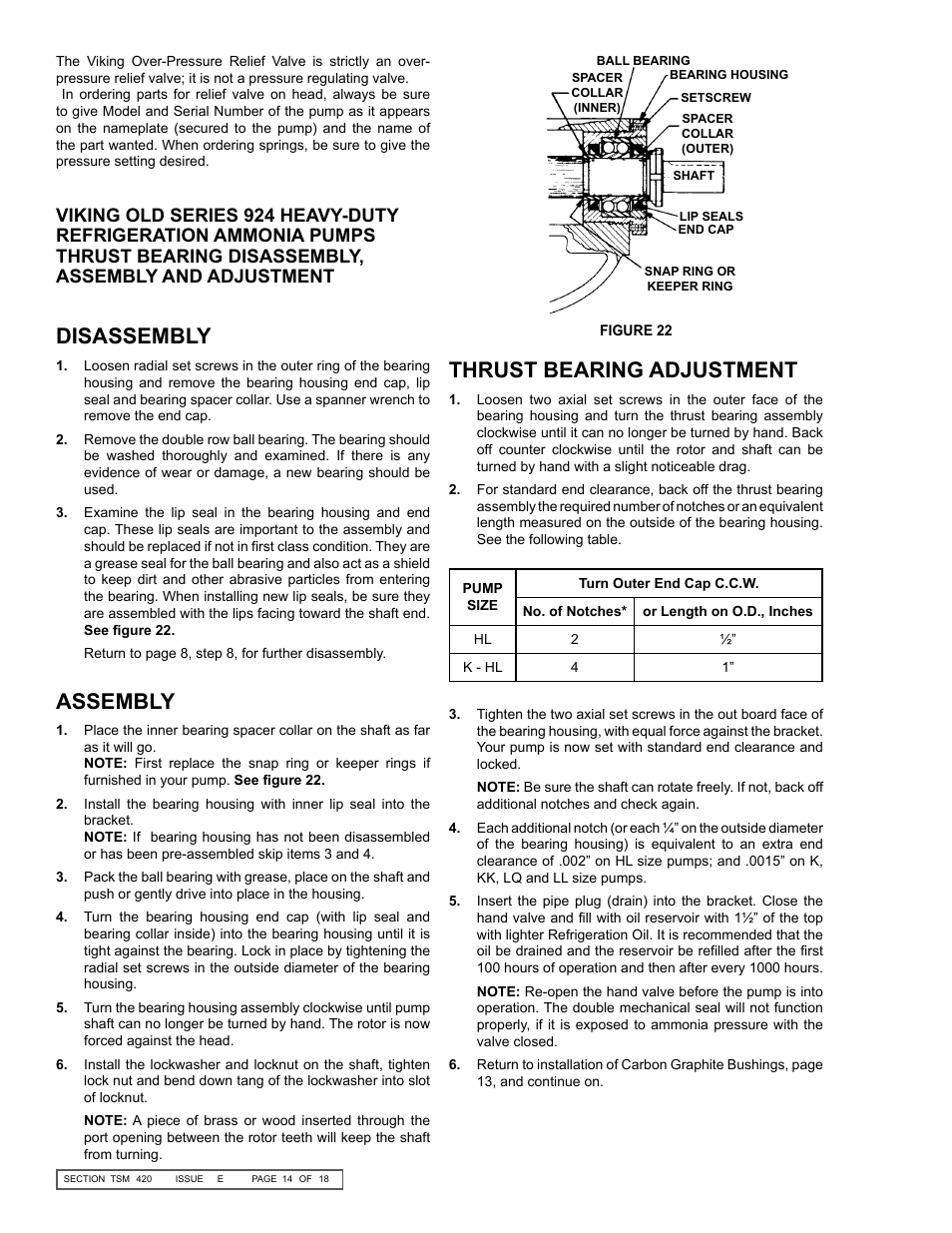 Disassembly assembly thrust bearing adjustment | Viking Pump TSM420: HL-LL 4925 User Manual | Page 14 / 18