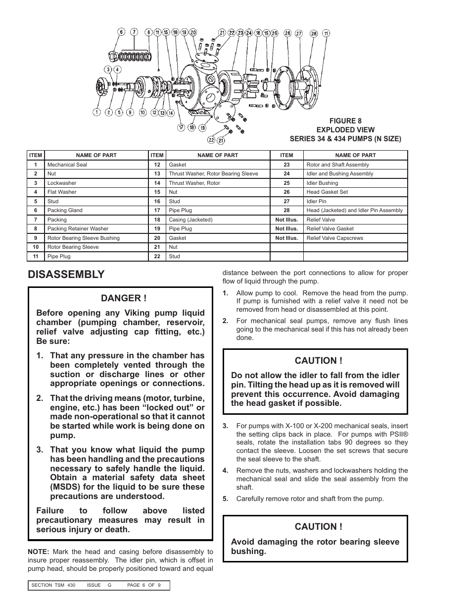 Disassembly, Danger, Caution | Avoid damaging the rotor bearing sleeve bushing | Viking Pump TSM430: HL-N 34/434 User Manual | Page 6 / 9