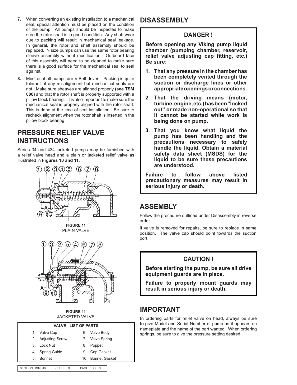 Pressure relief valve instructions, Disassembly, Assembly important | Viking Pump TSM430: HL-N 34/434 User Manual | Page 8 / 9