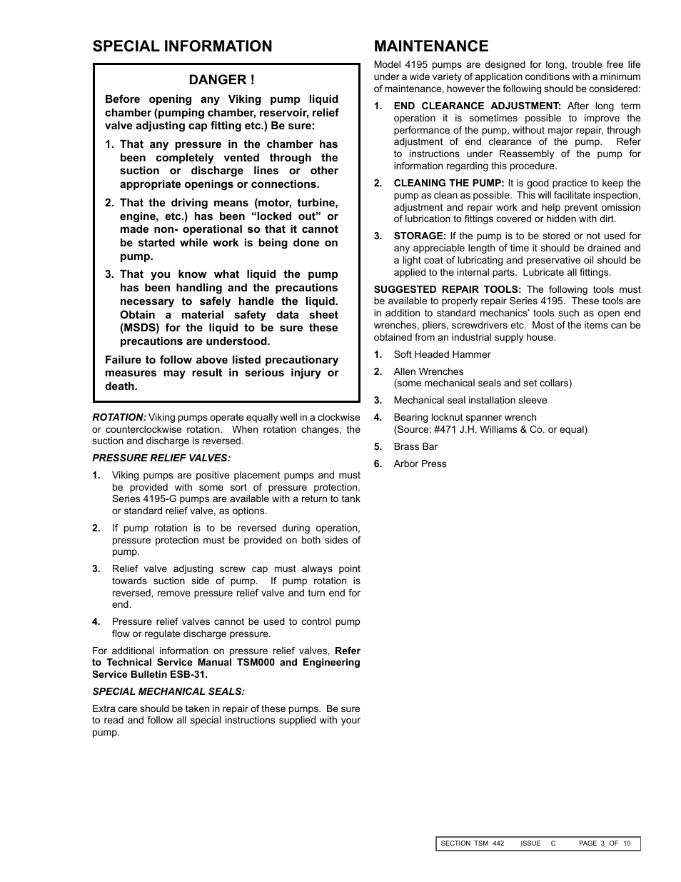 Special information, Maintenance, Danger | Viking Pump TSM442: GG-AL 4195-G LP-Gas User Manual | Page 3 / 10