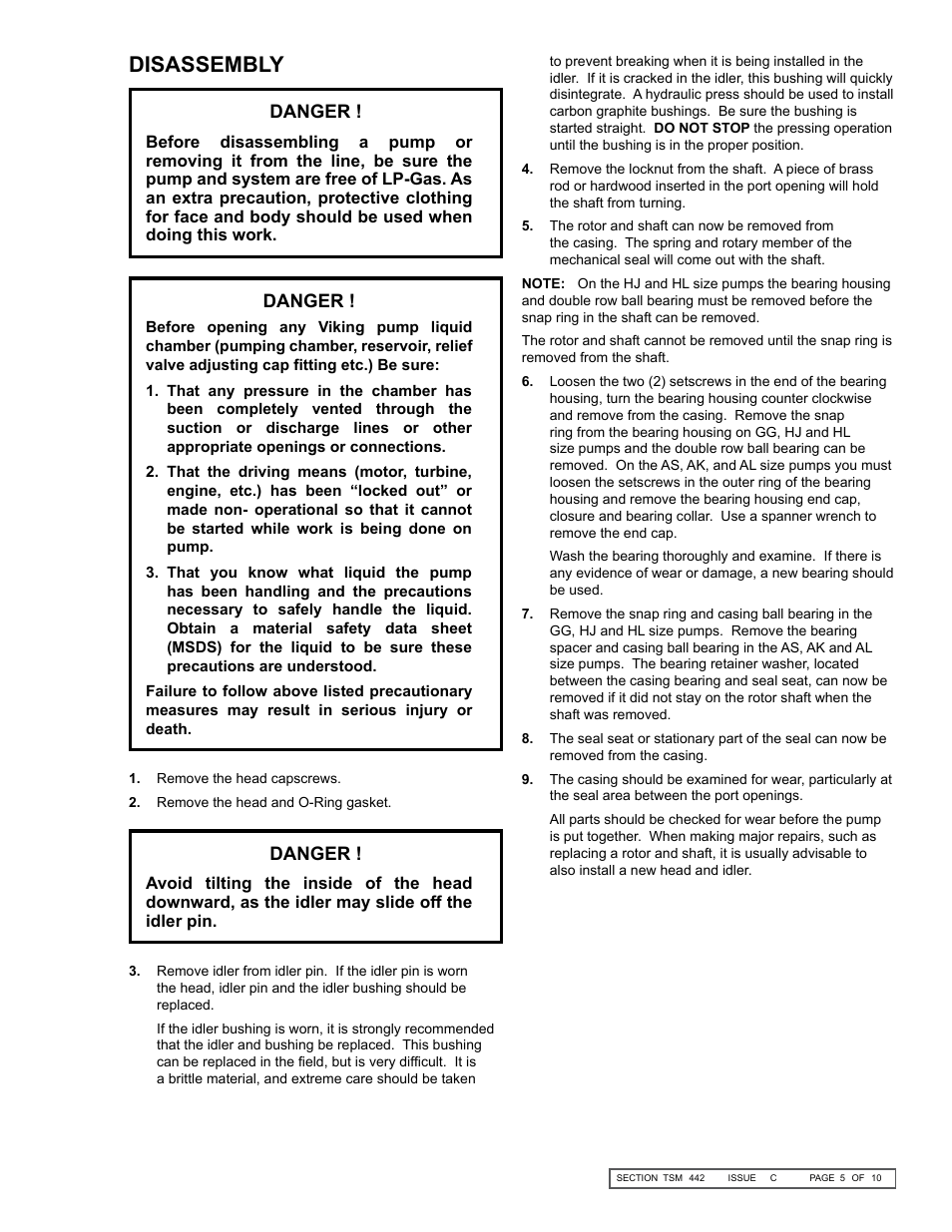 Disassembly, Danger | Viking Pump TSM442: GG-AL 4195-G LP-Gas User Manual | Page 5 / 10