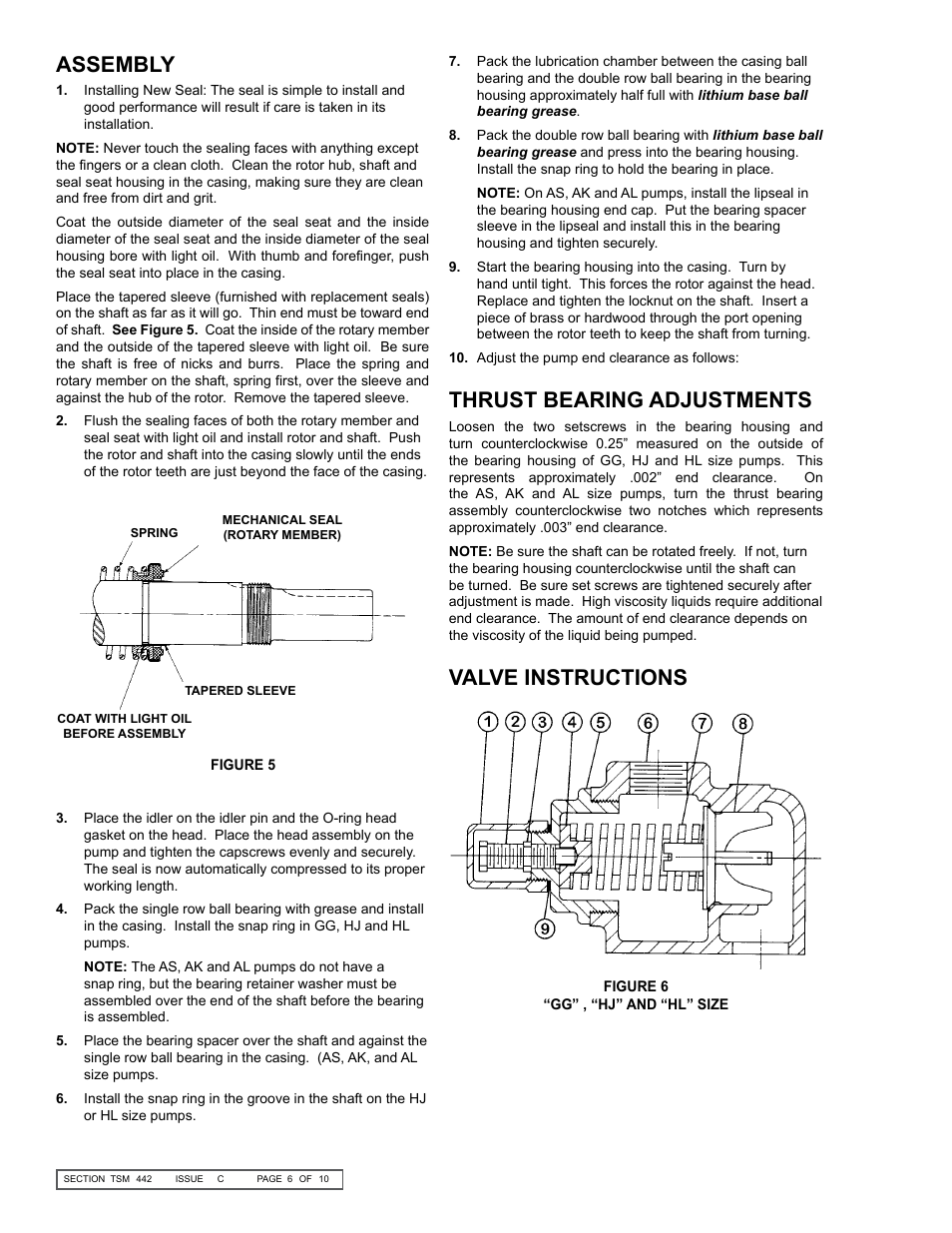 Thrust bearing adjustments, Valve instructions assembly | Viking Pump TSM442: GG-AL 4195-G LP-Gas User Manual | Page 6 / 10