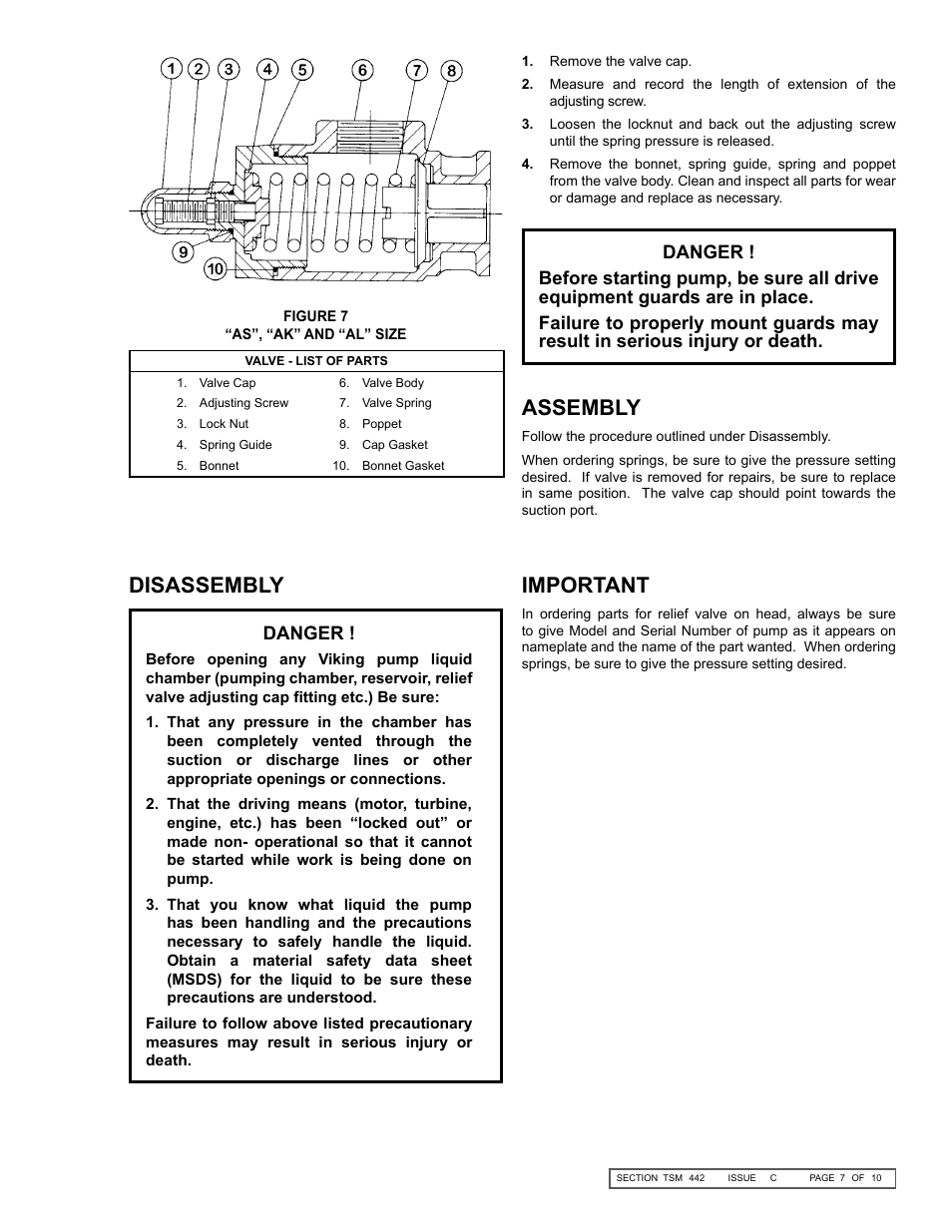 Disassembly, Assembly important, Danger | Viking Pump TSM442: GG-AL 4195-G LP-Gas User Manual | Page 7 / 10