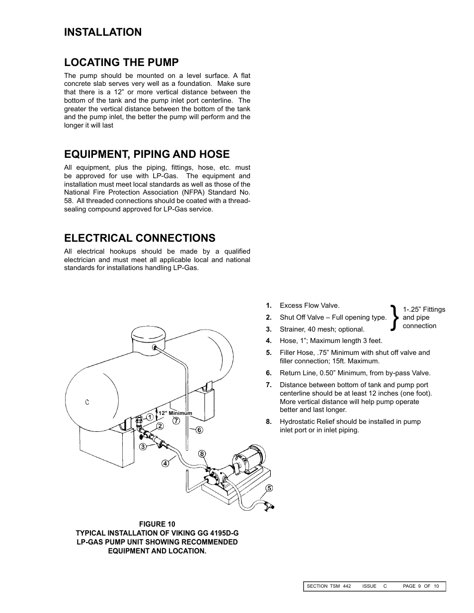 Installation locating the pump, Equipment, piping and hose, Electrical connections | Viking Pump TSM442: GG-AL 4195-G LP-Gas User Manual | Page 9 / 10