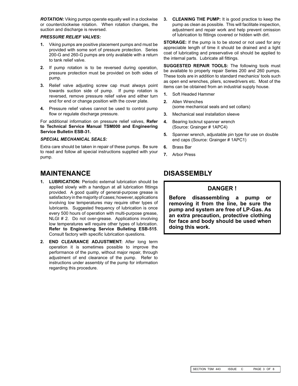 Maintenance, Disassembly, Danger | Viking Pump TSM443: K-LL 4205-G LP Gas User Manual | Page 3 / 8