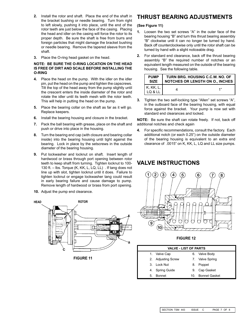 Thrust bearing adjustments, Valve instructions | Viking Pump TSM443: K-LL 4205-G LP Gas User Manual | Page 7 / 8