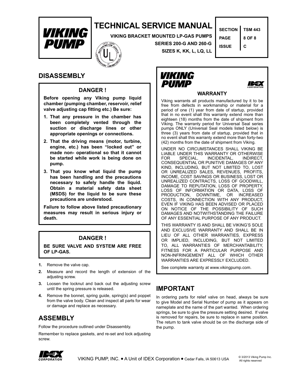 Technical service manual, Assembly important, Disassembly | Viking Pump TSM443: K-LL 4205-G LP Gas User Manual | Page 8 / 8