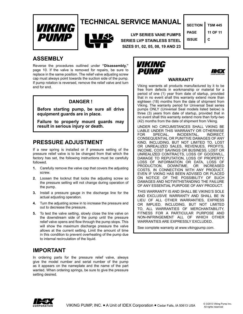 Technical service manual, Pressure adjustment important, Assembly | Viking Pump TSM445: LVP Vane Pumps User Manual | Page 11 / 11