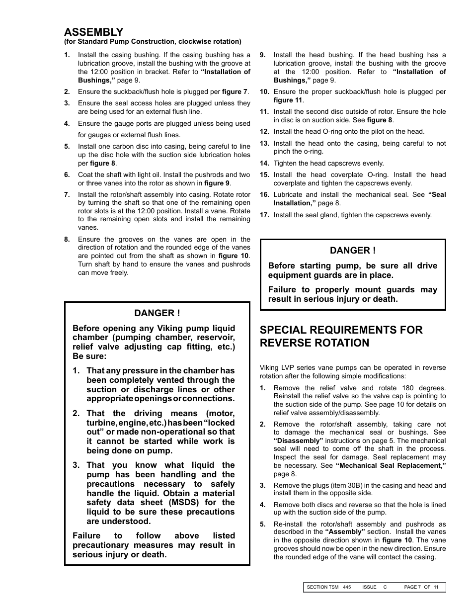 Special requirements for reverse rotation, Assembly | Viking Pump TSM445: LVP Vane Pumps User Manual | Page 7 / 11