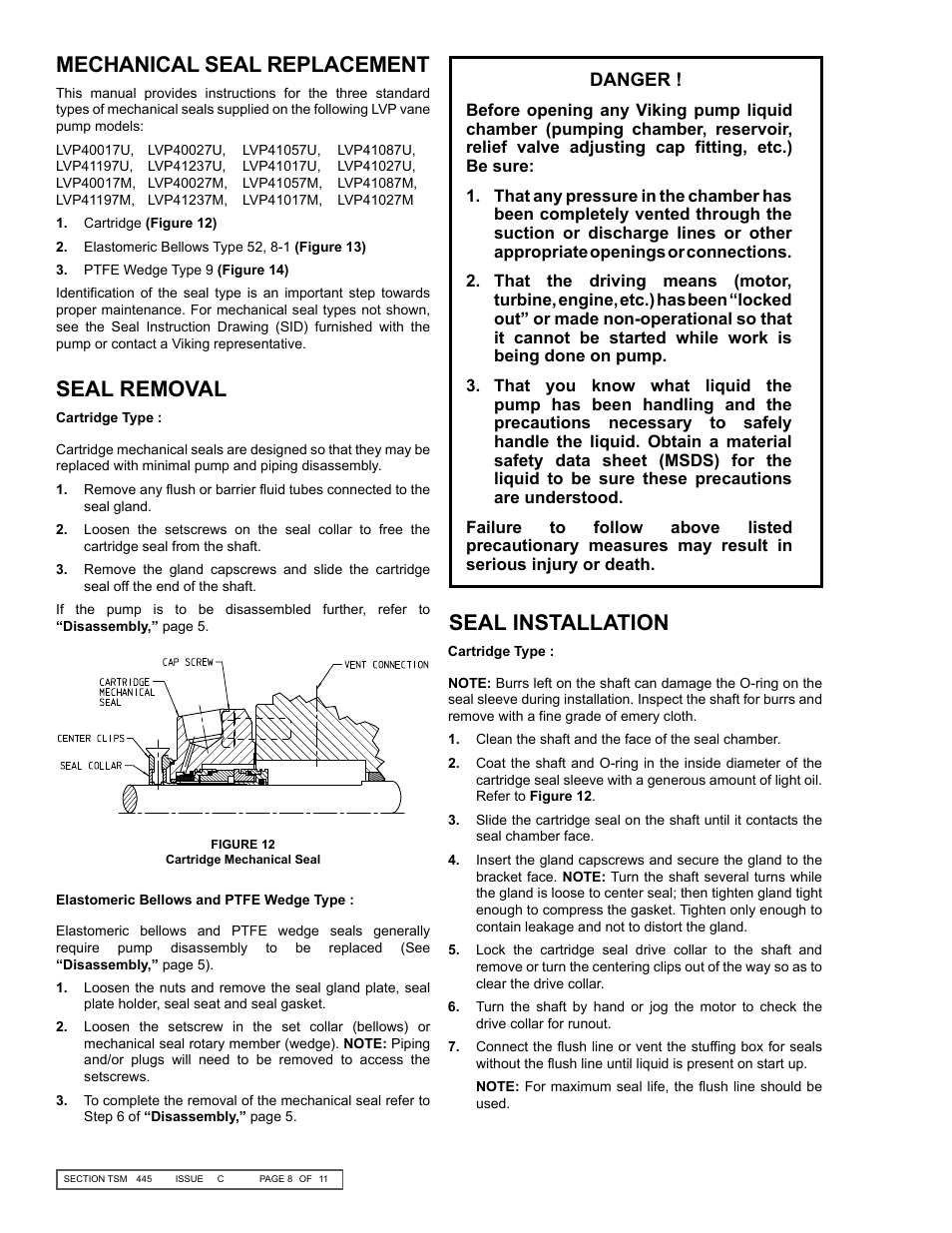 Seal removal seal installation, Mechanical seal replacement | Viking Pump TSM445: LVP Vane Pumps User Manual | Page 8 / 11