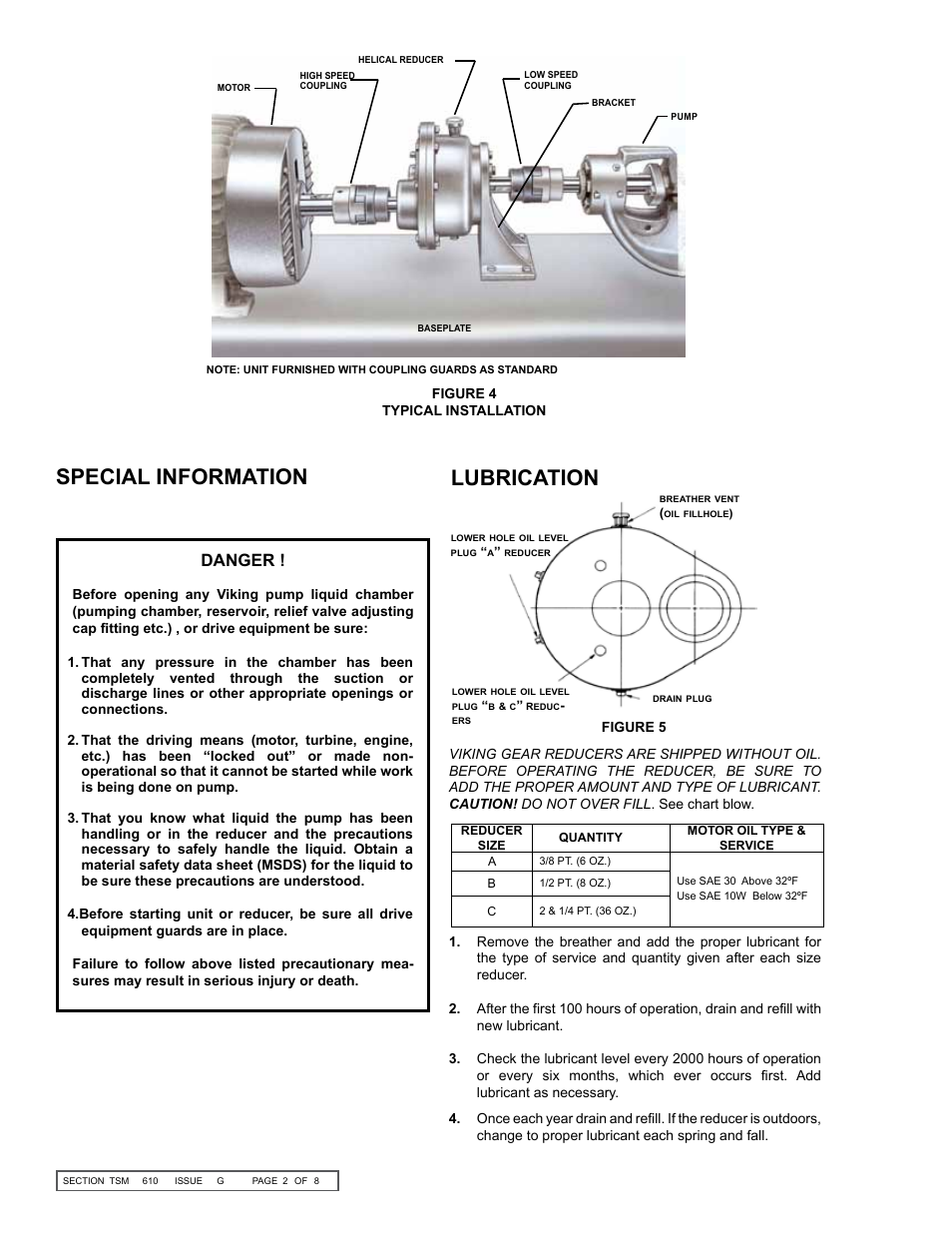 Special information lubrication, Danger | Viking Pump TSM610: Offset Gear Reducers User Manual | Page 2 / 8