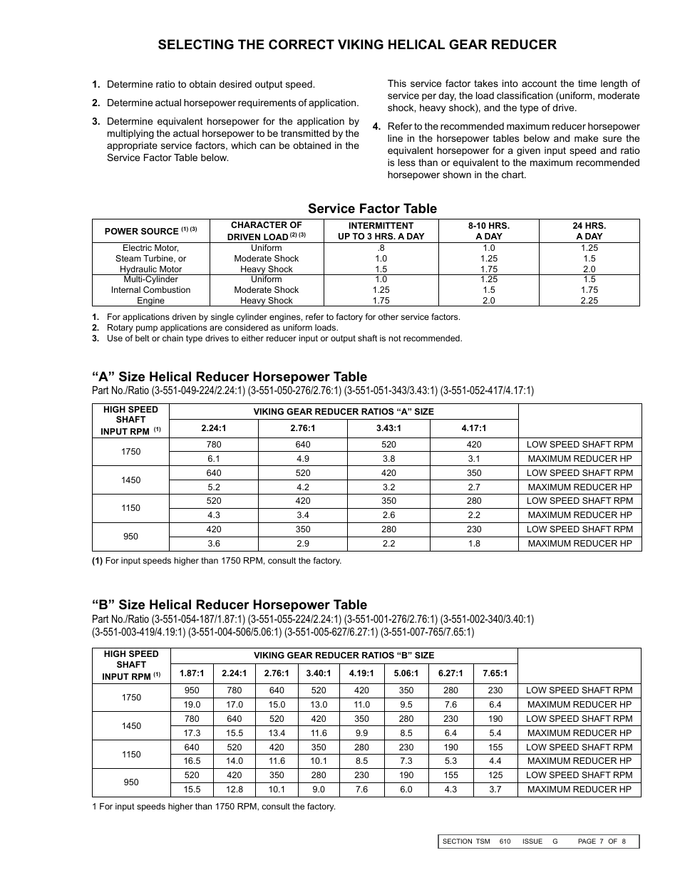 A” size helical reducer horsepower table, B” size helical reducer horsepower table | Viking Pump TSM610: Offset Gear Reducers User Manual | Page 7 / 8