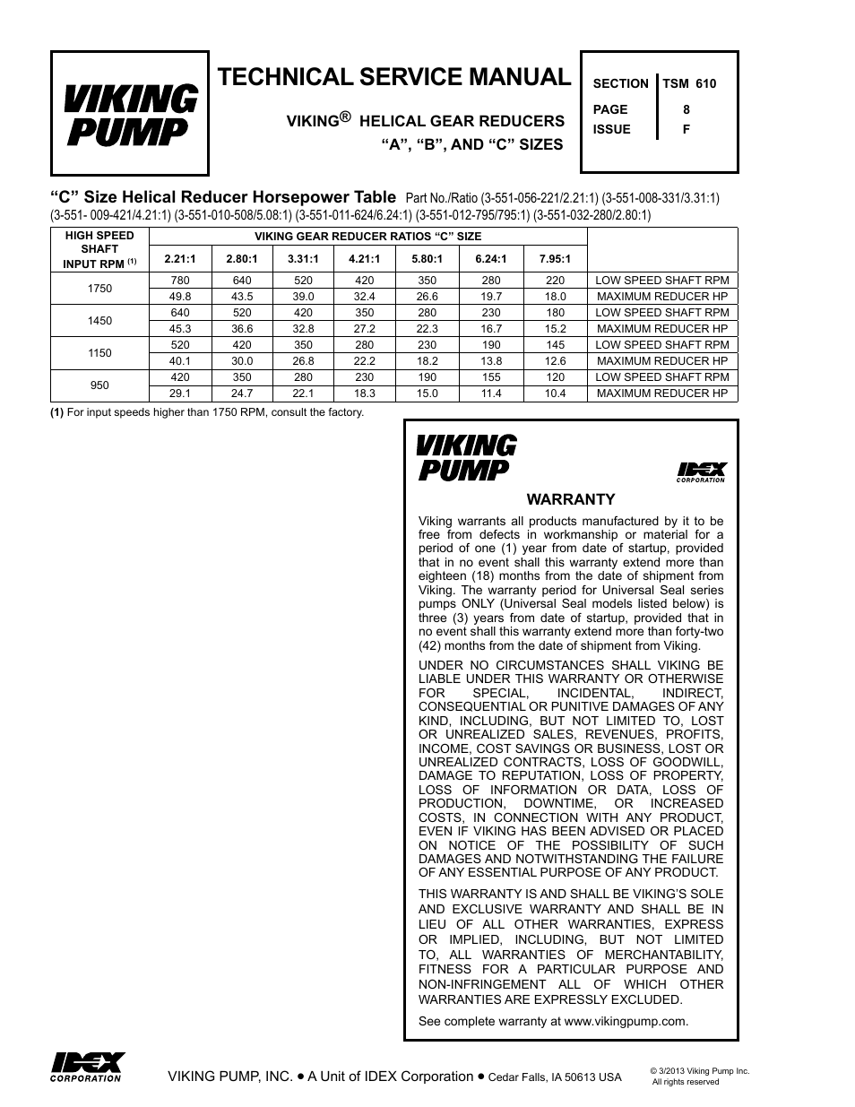 Technical service manual, C” size helical reducer horsepower table, Warranty | Viking Pump TSM610: Offset Gear Reducers User Manual | Page 8 / 8