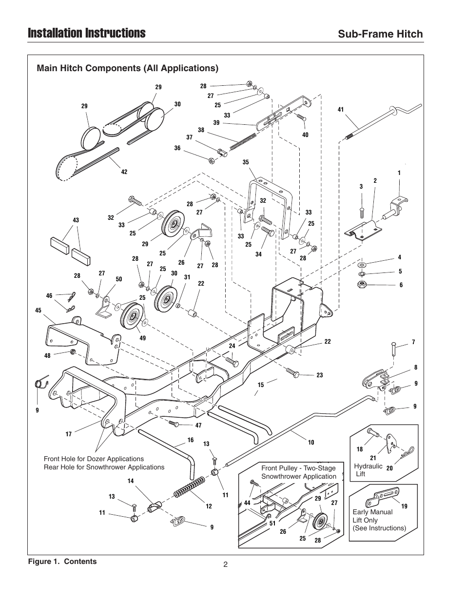 Installation instructions, Sub-frame hitch, Main hitch components (all applications) | Briggs & Stratton 1695195 User Manual | Page 2 / 10